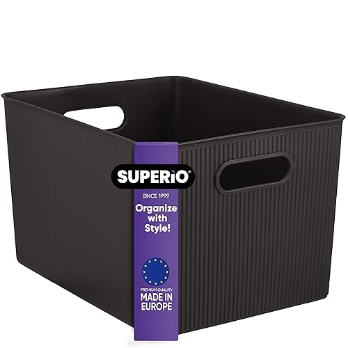 Superio Ribbed Collection - Decorative Plastic Open Home Storage Bins Organizer Baskets, X-Large Brown (1 Pack) Container Boxes for Organizing Closet…
