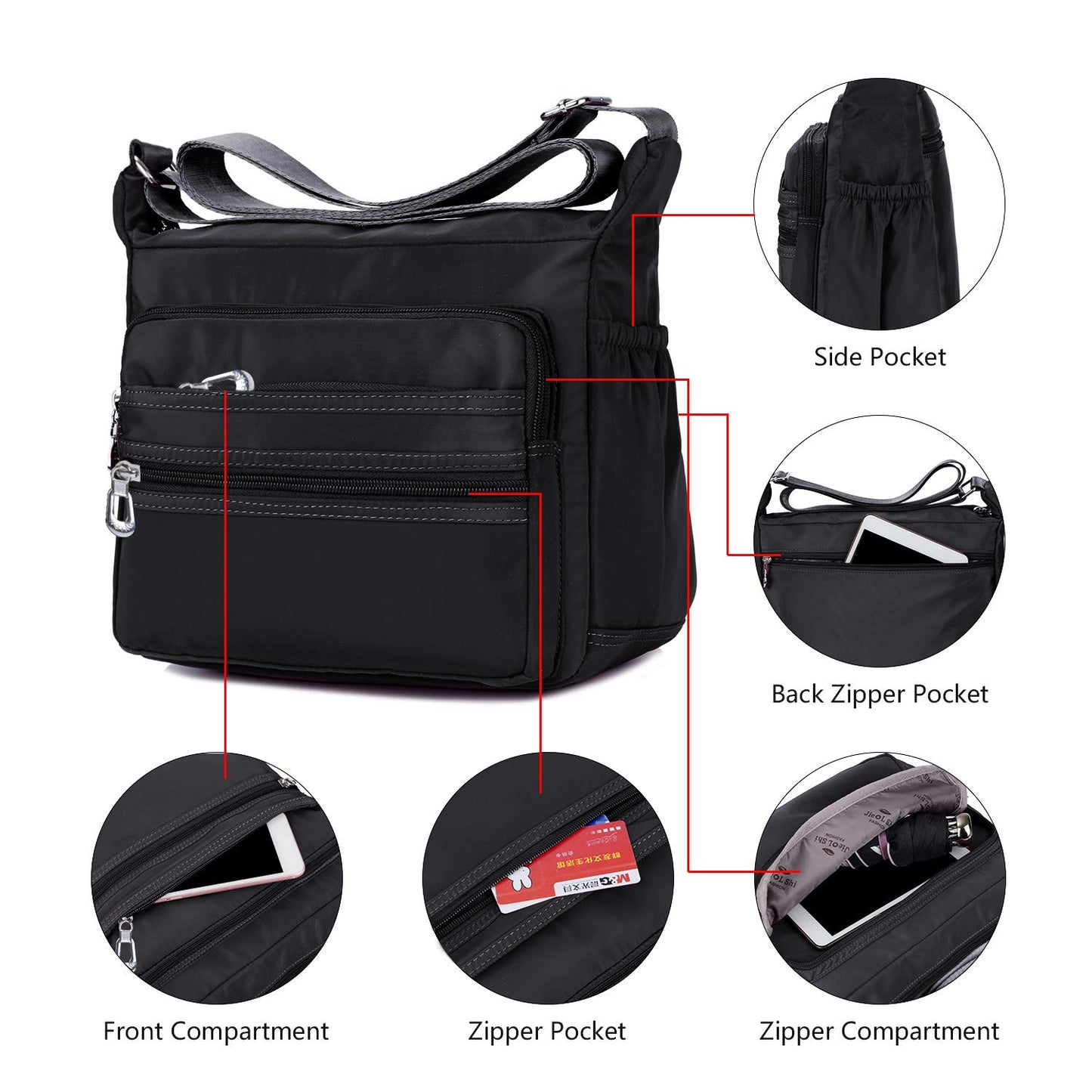 NOTAG Crossbody Bag for Women Waterproof Shoulder Bag Messenger Handbags Casual Nylon Purse Handbag (Large, Black)