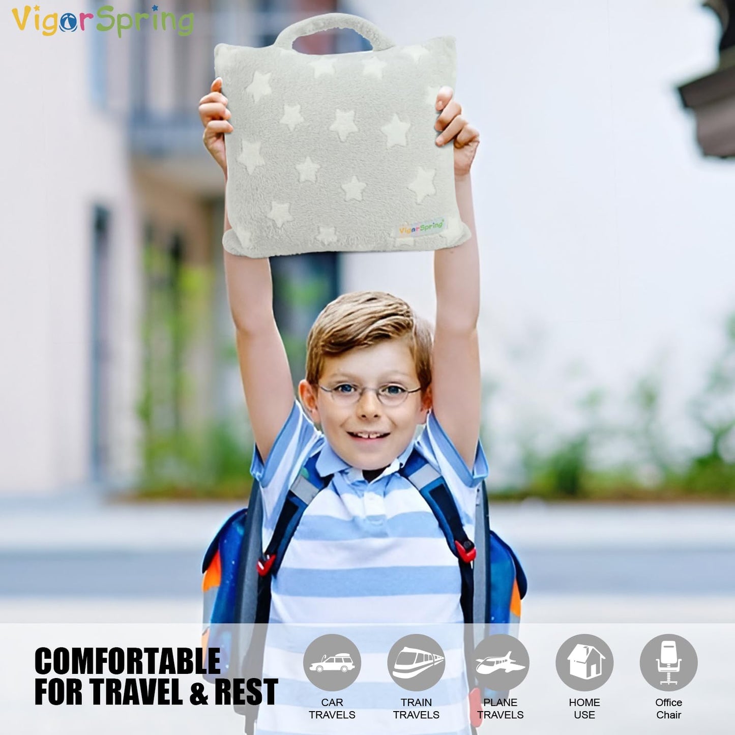 VigorSpring Travel Pillow and Blanket Set - Portable Comfort Item for Children - Grey Star Soft Kids Pillow Blanket (Star)