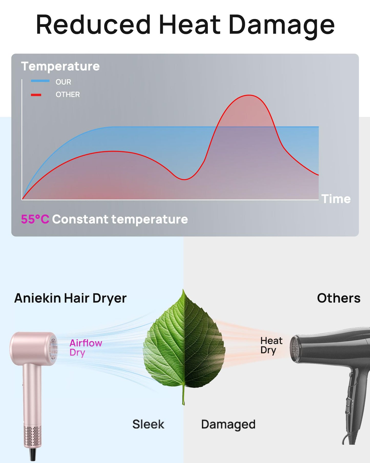 Hair Dryer, High-Speed Ionic Low Noise Blow Dryer with Brushless Motor for Fast Drying, Thermo-Control Quiet Compact Hair Blow Dryer with Magnetic Beauty and Personal Care ANIEKIN