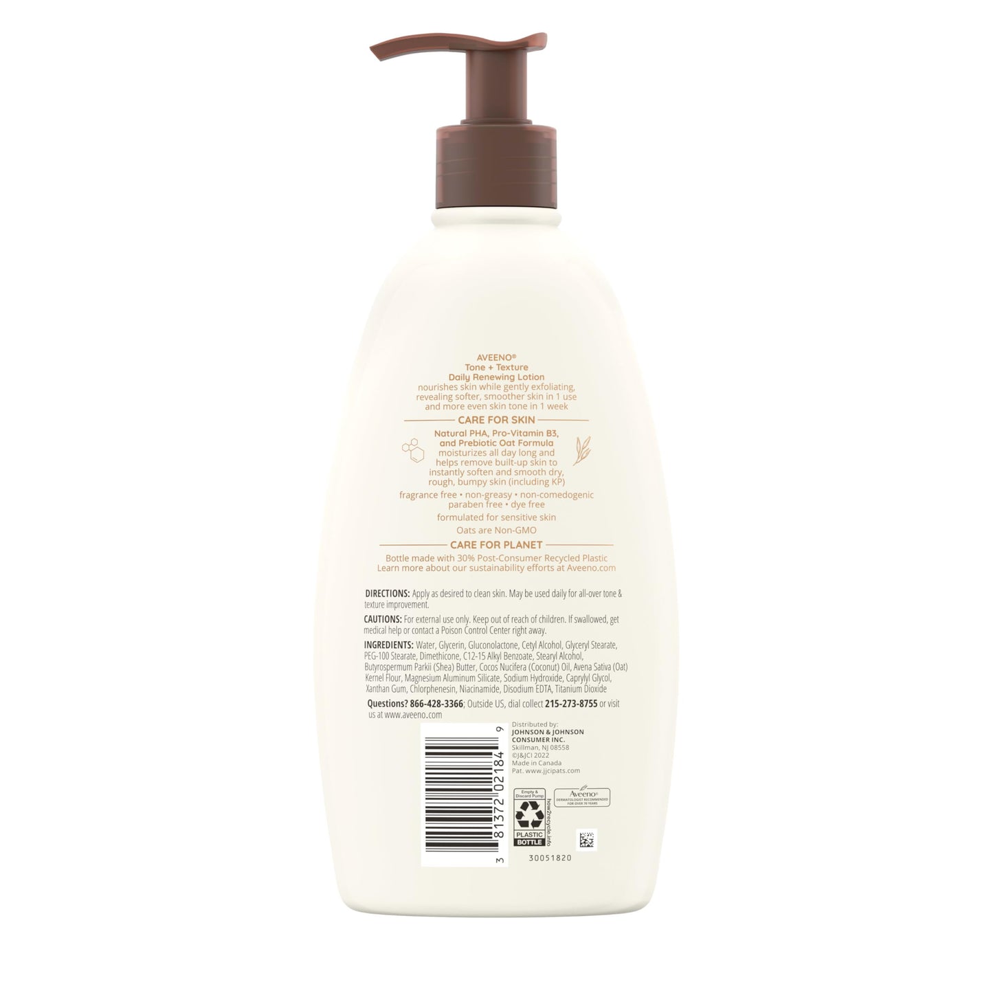 Aveeno Tone + Texture Daily Renewing Body Lotion with Prebiotic Oat Hydrates & Smooths Dry, Rough, Bumpy Skin Even KP, Fragrance-Free, 18 fl. Oz