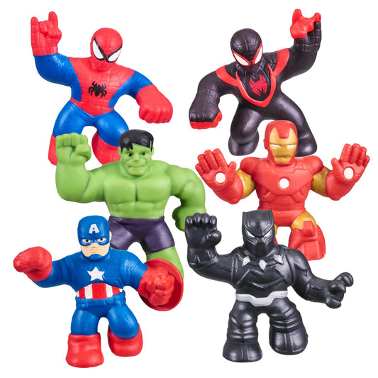 Heroes of Goo Jit Zu Marvel Mega Mini 6-Pack – Squishy Stretchy Gooey Heroes: Iron Man, Spider-Man, Captain America, Hulk, Miles & Black Panther