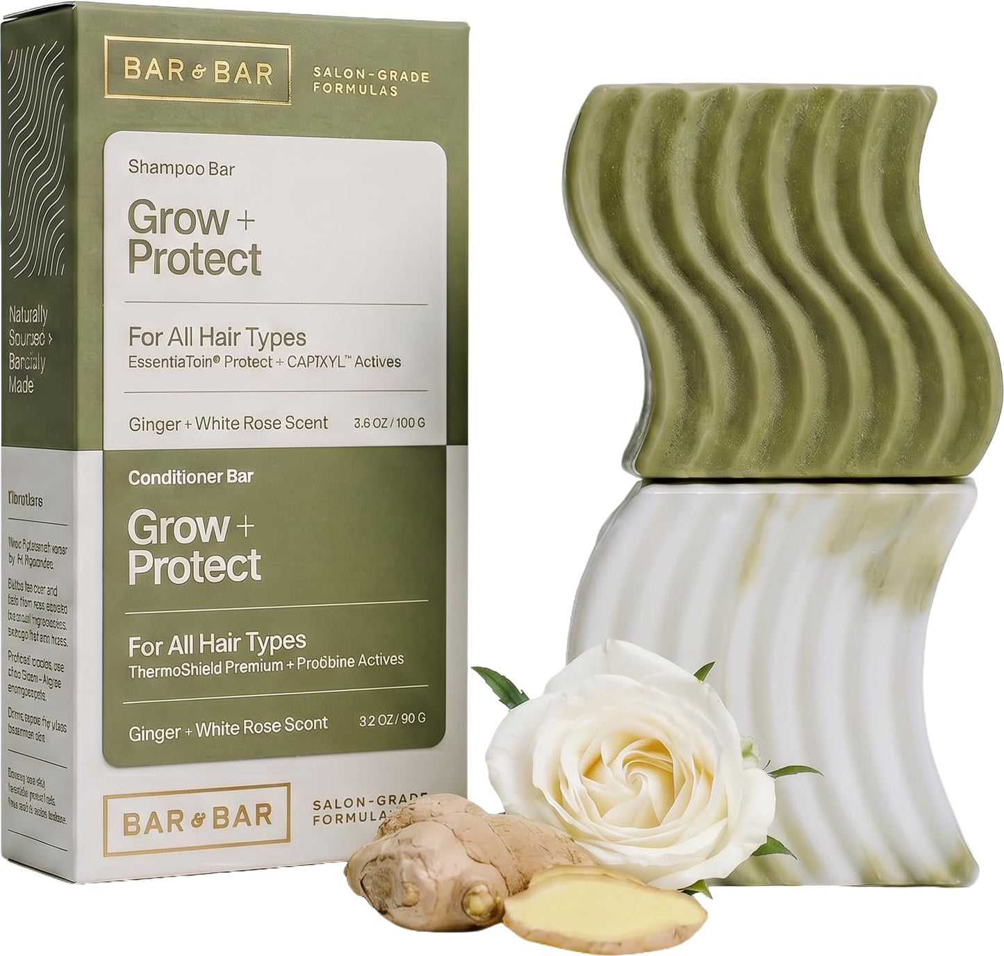 Bar and Bar Shampoo and Conditioner Bar Set - Grow + Protect - Hair Growth & Heat Protectant Solid Hair Care Duo - Normal Hair - Gingerlily Rain, 3.5