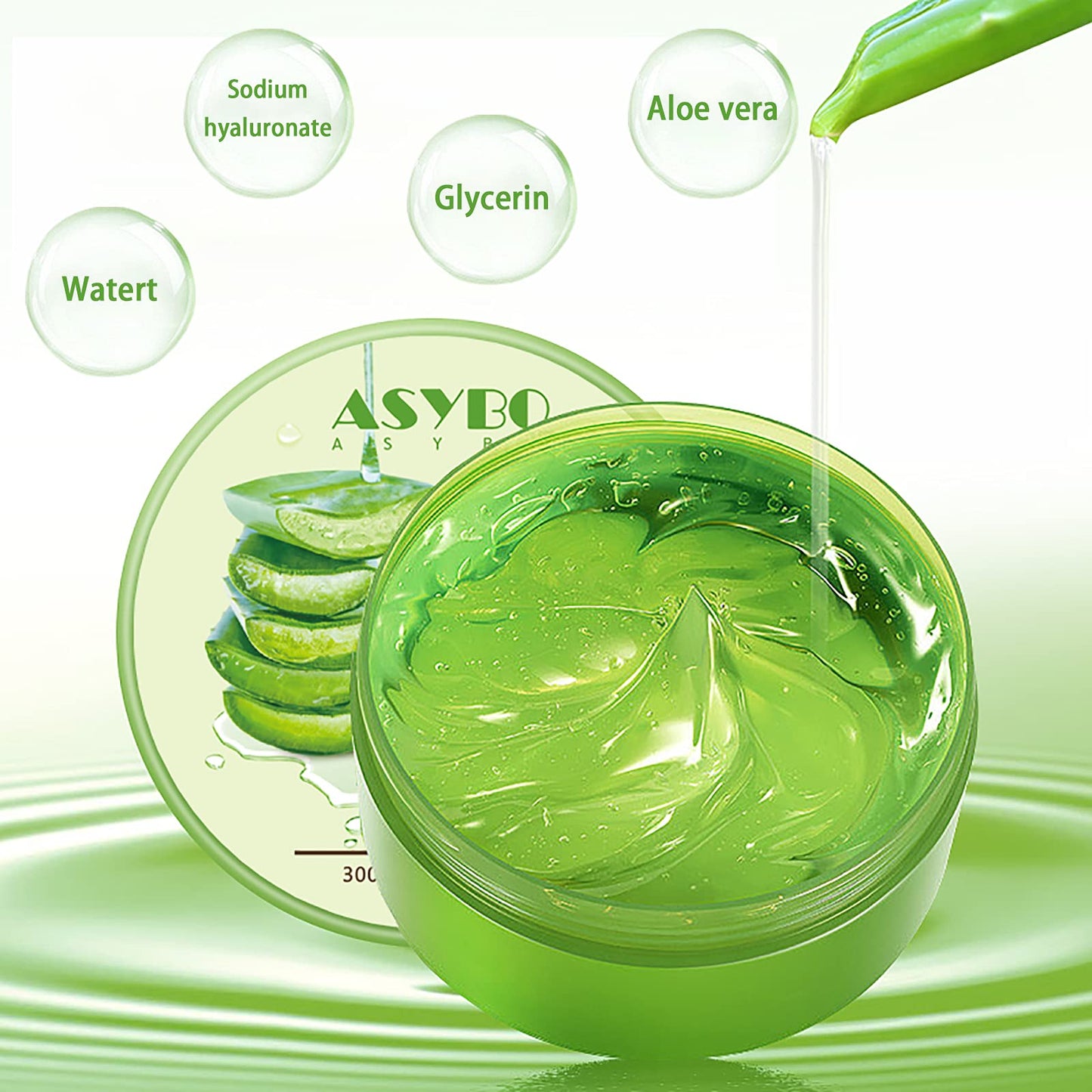 ASYBO 300 ML Natural Aloe Vera Gel -Organic Moisturizing Cream, Soothing and Hydrating, Sunburn and Scar Repair, Care for Face Body Hair