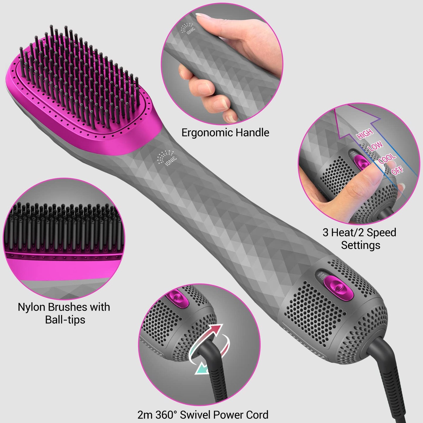 APOKE 3 in 1 Hair Dryer Brush Professional 1200W Powerful Ceramic Tourmaline 3 Heat/2 Speed Settings One Step Hair Dryer and Styler (Gray)