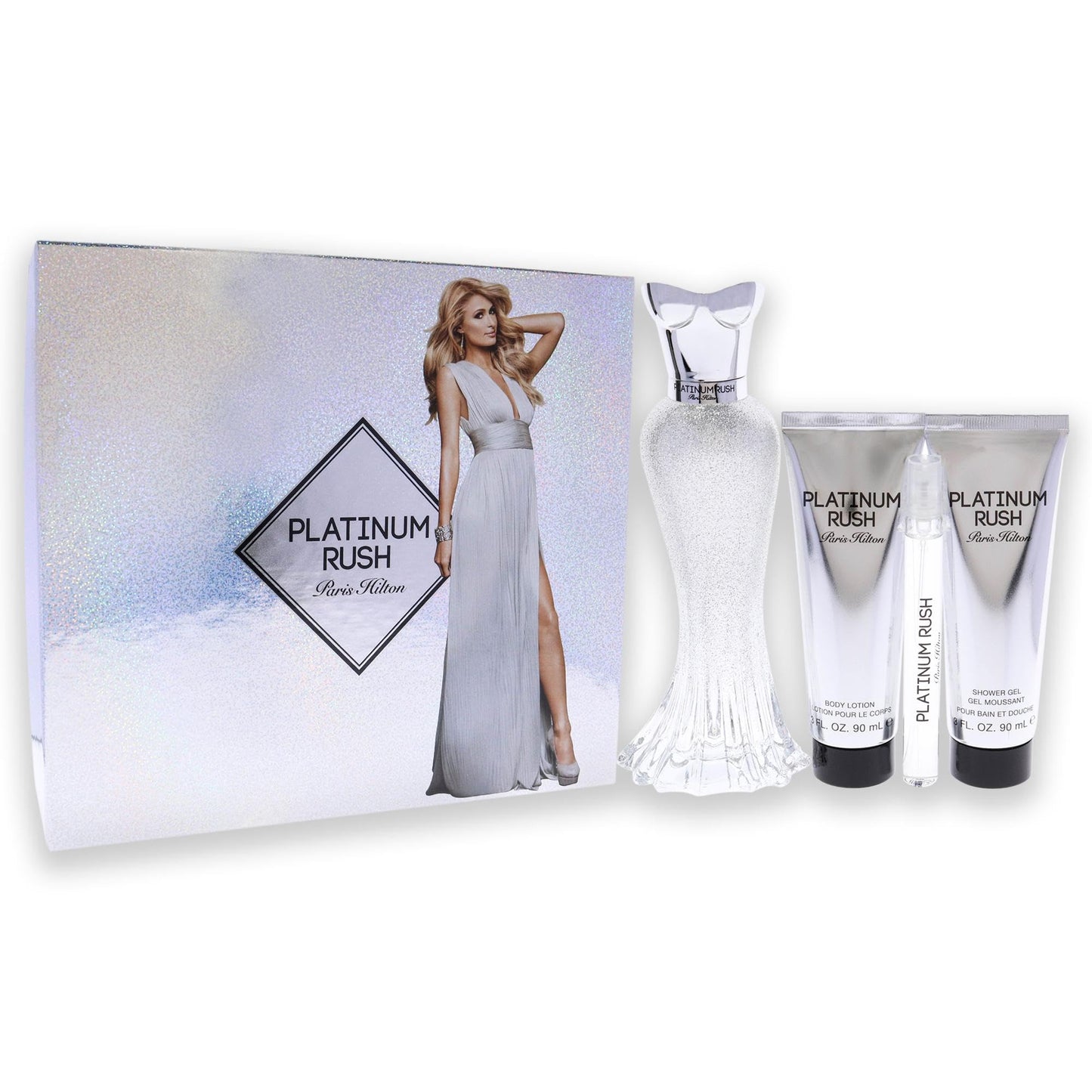 Paris Hilton Platinum Rush Women 4 Pc Gift Set 3.4 oz EDP Spray, 0.33oz EDP Spray, 3oz Body Lotion, 3oz Shower Gel