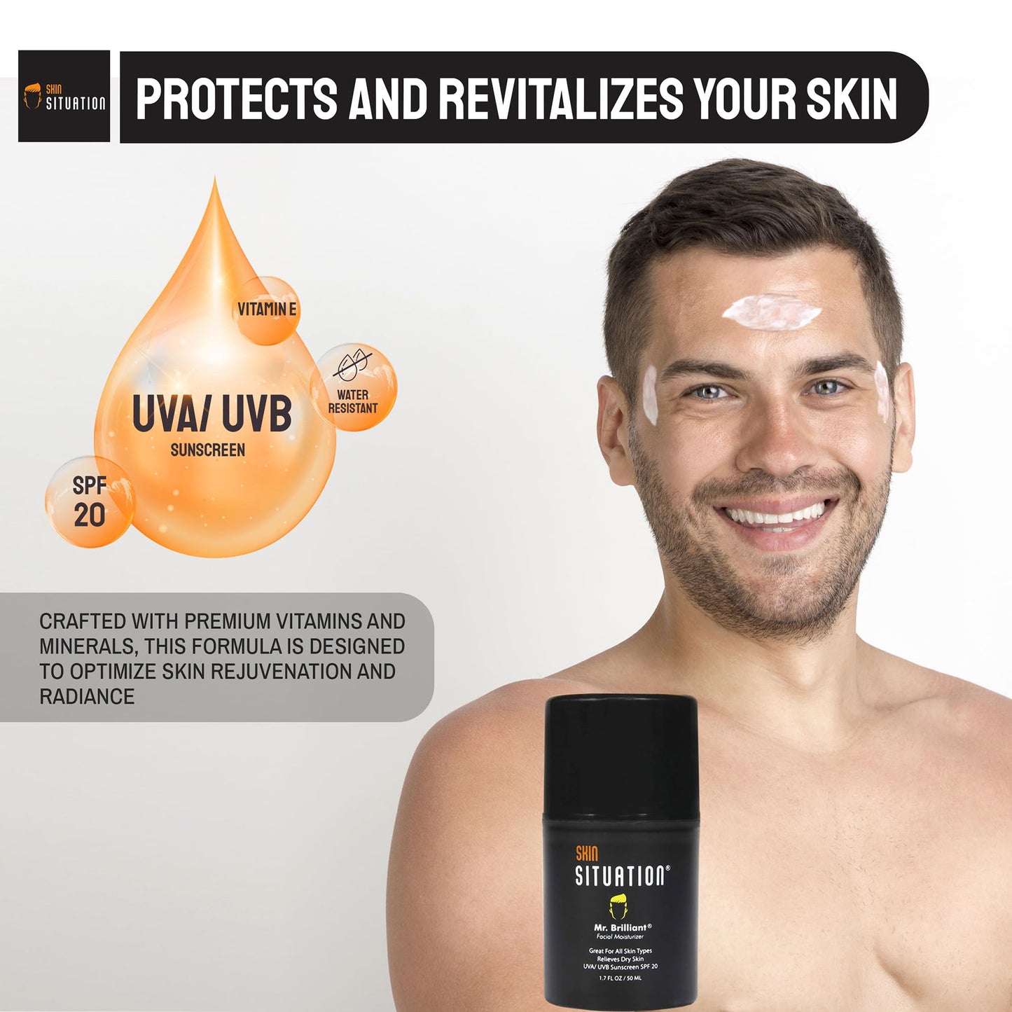 Mr. Brilliant Men Face Moisturizer Age Defense with SPF 20 Daily Face Cream Skincare, Hydrates Dry and Oily Skin, Reduces Fine Lines, Wrinkles