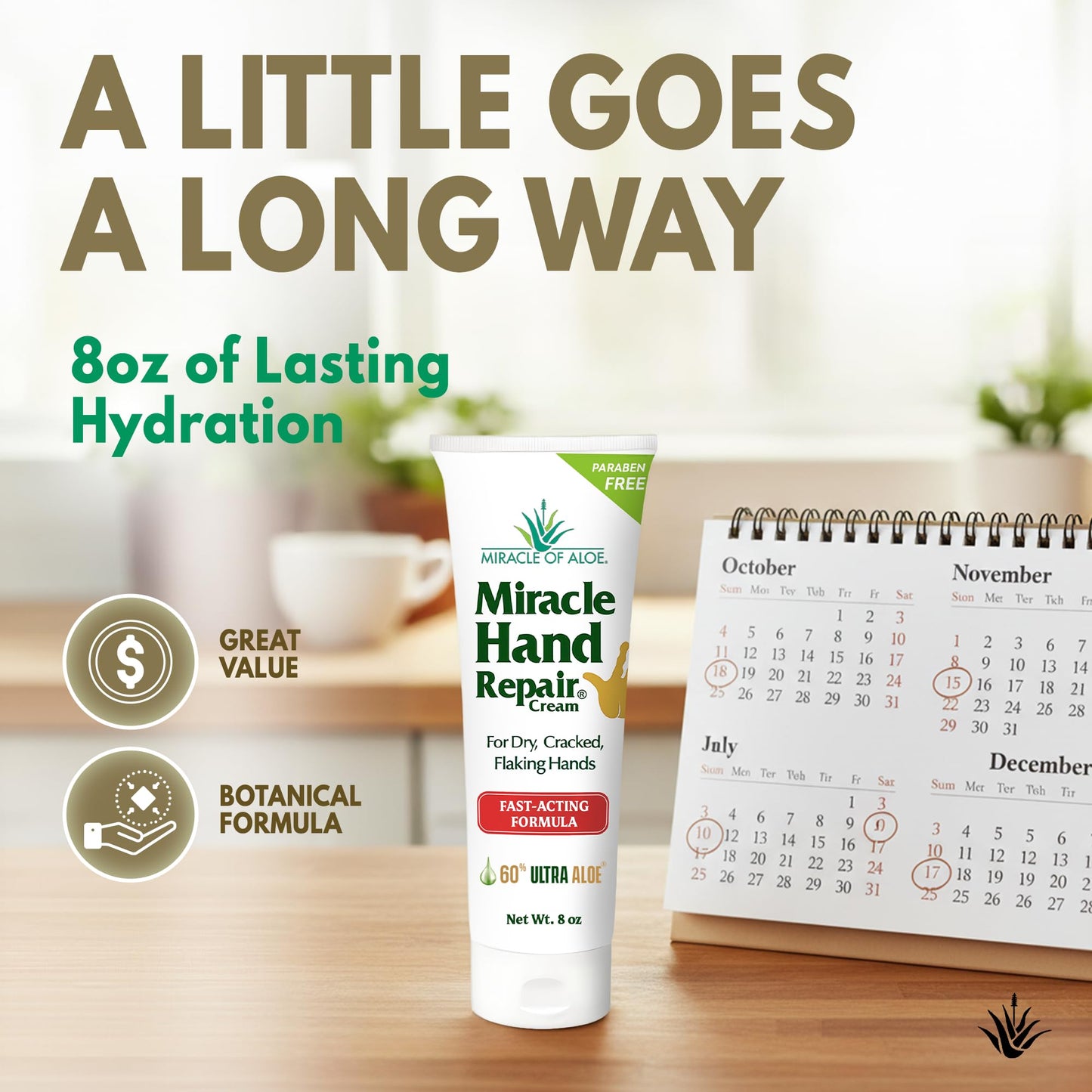 Miracle Hand Repair Cream for Dry Cracked Hands 8 oz Best Healing Hand Cream with 60% Aloe Vera - Non-Greasy Moisturizer for Working Hands - Fast