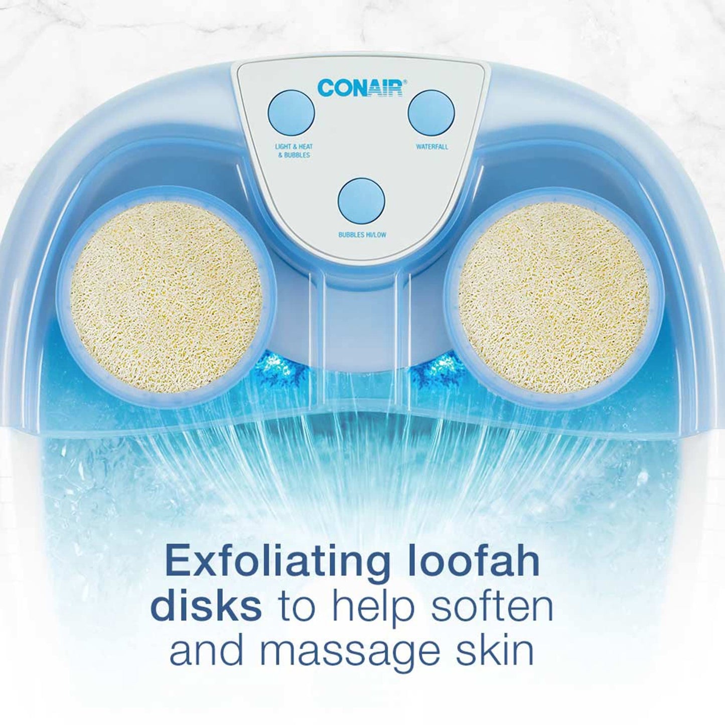 Conair Waterfall Pedicure Foot Spa Bath with Blue LED Lights, Massaging Bubbles and Massage Rollers, Blue/White