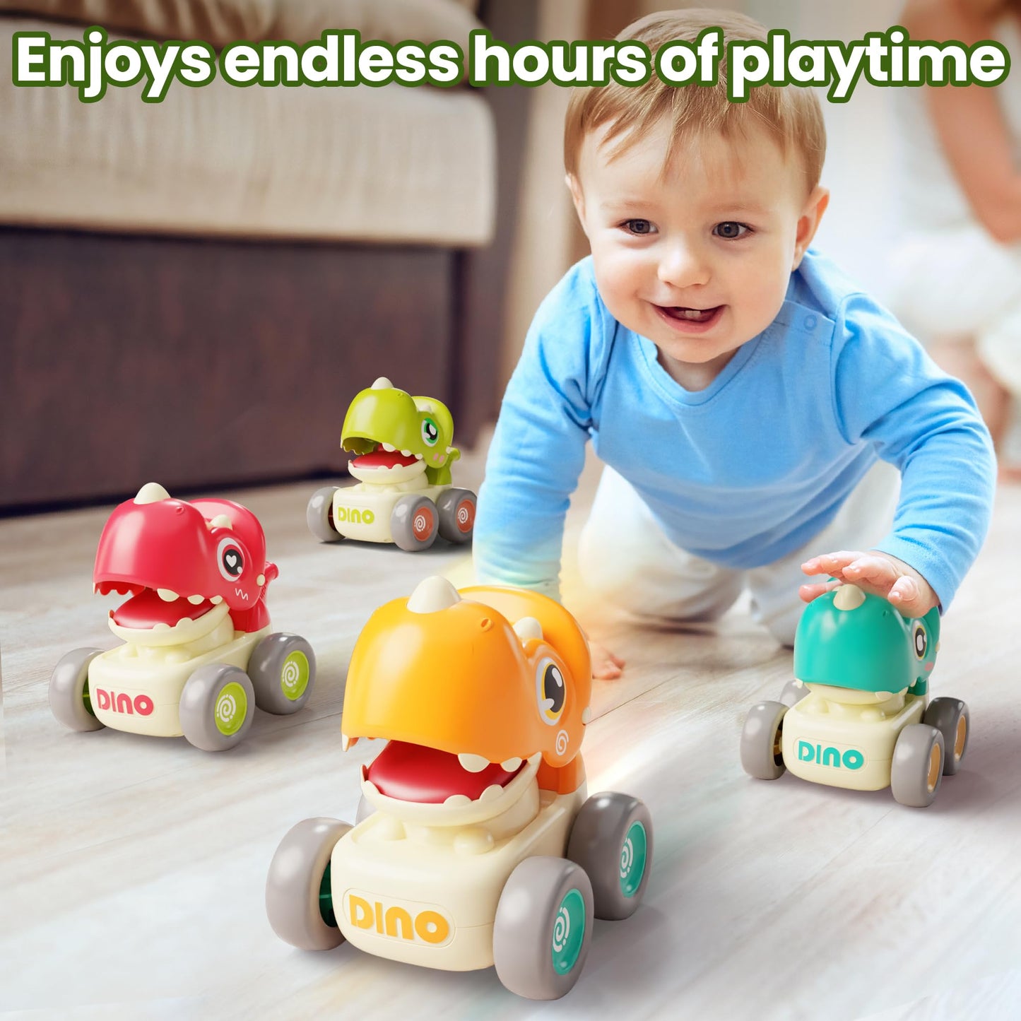 iPlay iLearn Dinosaur Press & Go Car Toys – Baby Dino Racing Cars, Push & Whistle Vehicles for Toddlers 6–18M, 1st Birthday Gift Boys 1–3