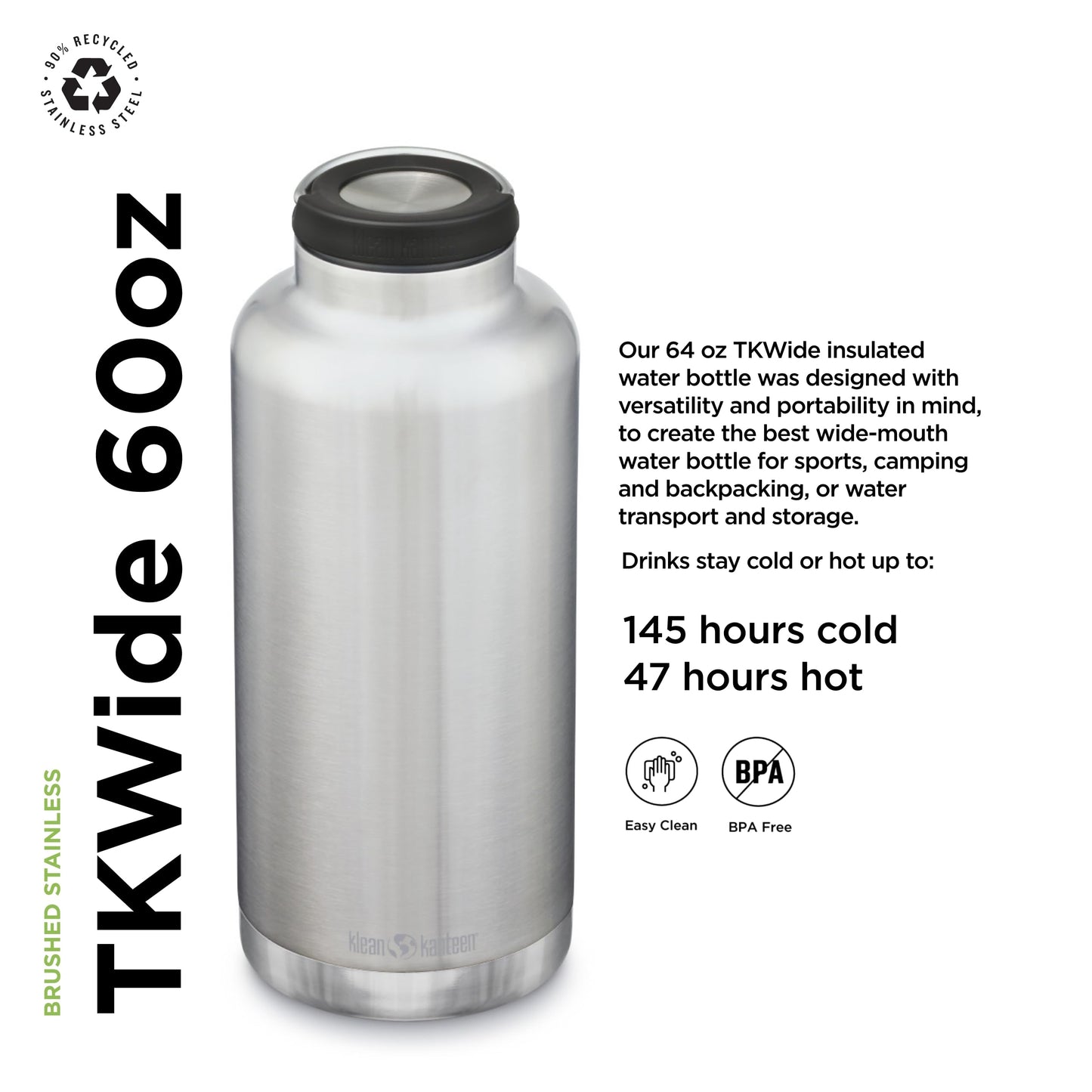 Klean Kanteen TKWide Insulated Water Bottle with Loop Cap - Stainless Steel Water Bottle - 64 oz, Brushed Stainless