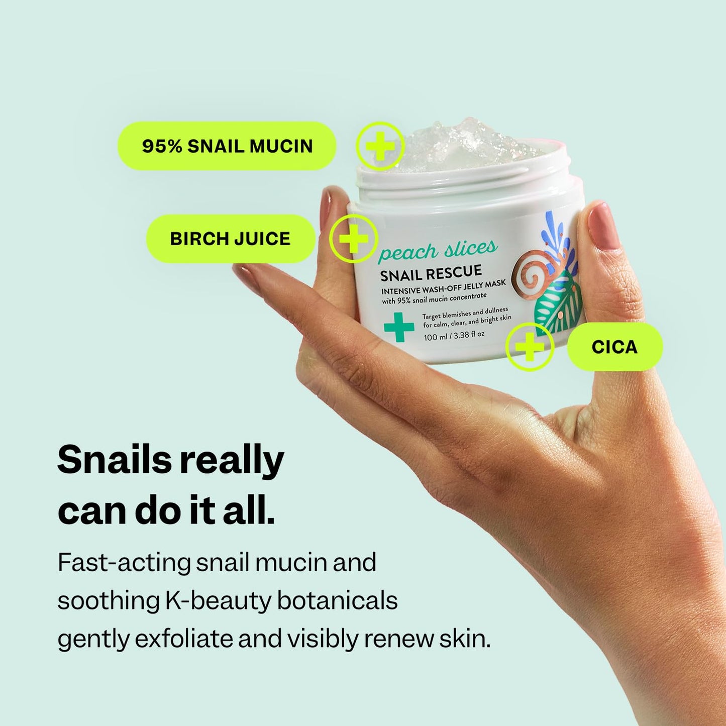 Peach Slices - Snail Rescue Intensive Wash-Off Jelly Mask (3.38 oz) - 95% Snail Mucin Concentrate - Gentle, Clear Skin - Cica, Birch Juice & Licorice