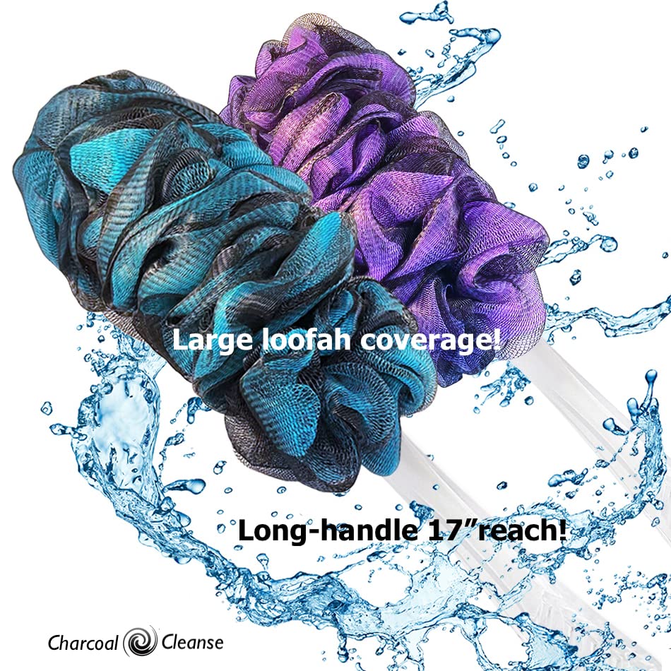 SHOWER BOUQUET Loofah-Charcoal Back-Scrubber Color-2-Pack // Long-Handle-Loofa-Lufa Bath-Sponge Brush/Extra Large Soft Mesh for Men & Women