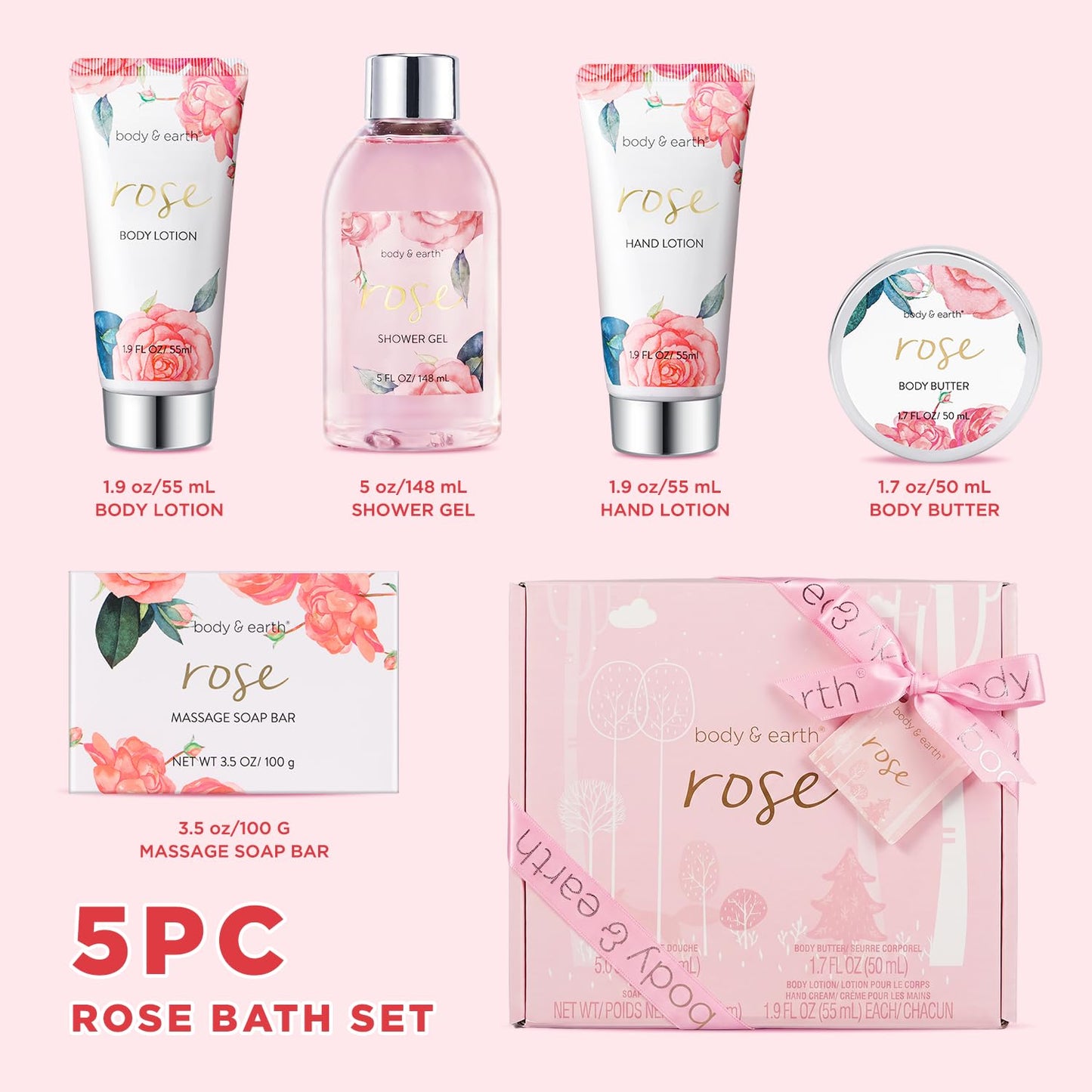 BODY & EARTH Spa Gift Set for Women - Luxurious 5 Pcs Bath and Body Box, Rose Scent, Includes Body Wash, Body Butter, Body Lotion and More, Birthday Beauty & Personal Care BODY & EARTH