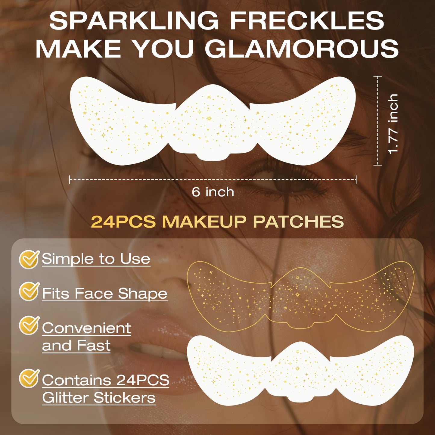 Leterly 24 Pcs Glitter Freckles Face Tattoo,Gold Face Glitter Makeup Patches Cute Sparkle Freckles Patches Waterproof Makeup Speckles for Face