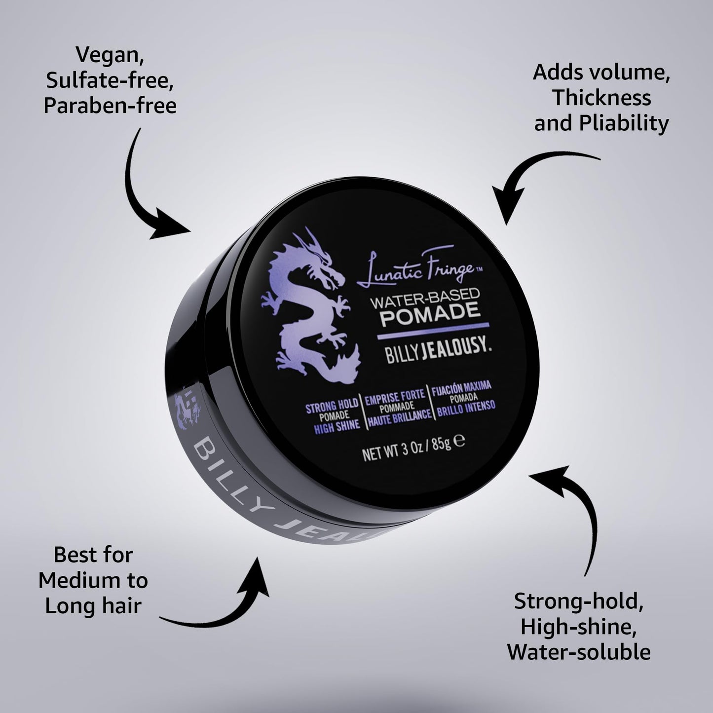 Billy Jealousy Lunatic Fringe Water-Based Pomade for Men, Strong Hold, High Shine, Water Soluble and Vegan Hair Product Ideal for Medium to Long Thick
