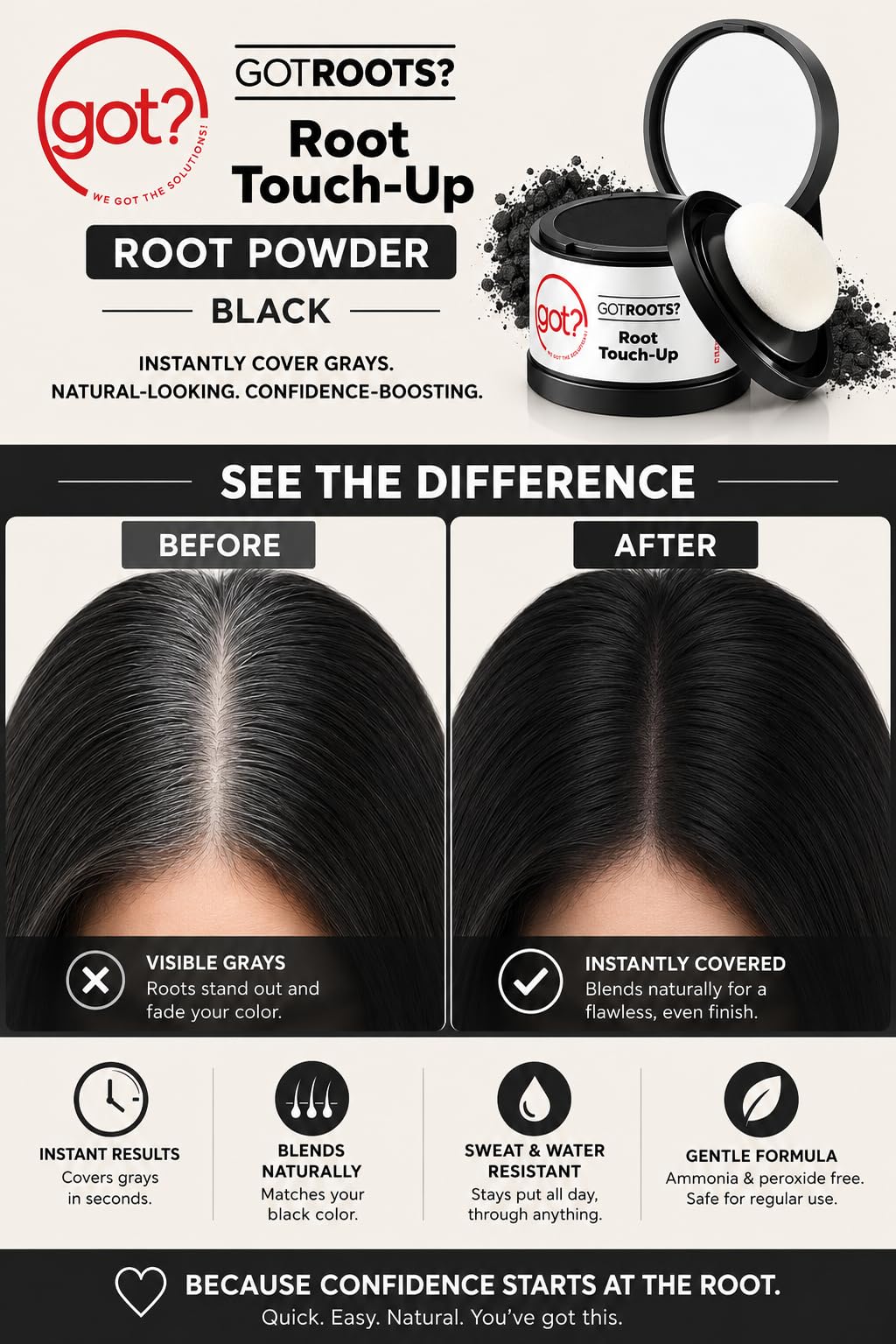 Black Root Cover Up Powder - Instant Gray Root Touch Up & Hairline Powder for Black Hair - Works on Thinning Spots & Eyebrows - 0.14 Oz