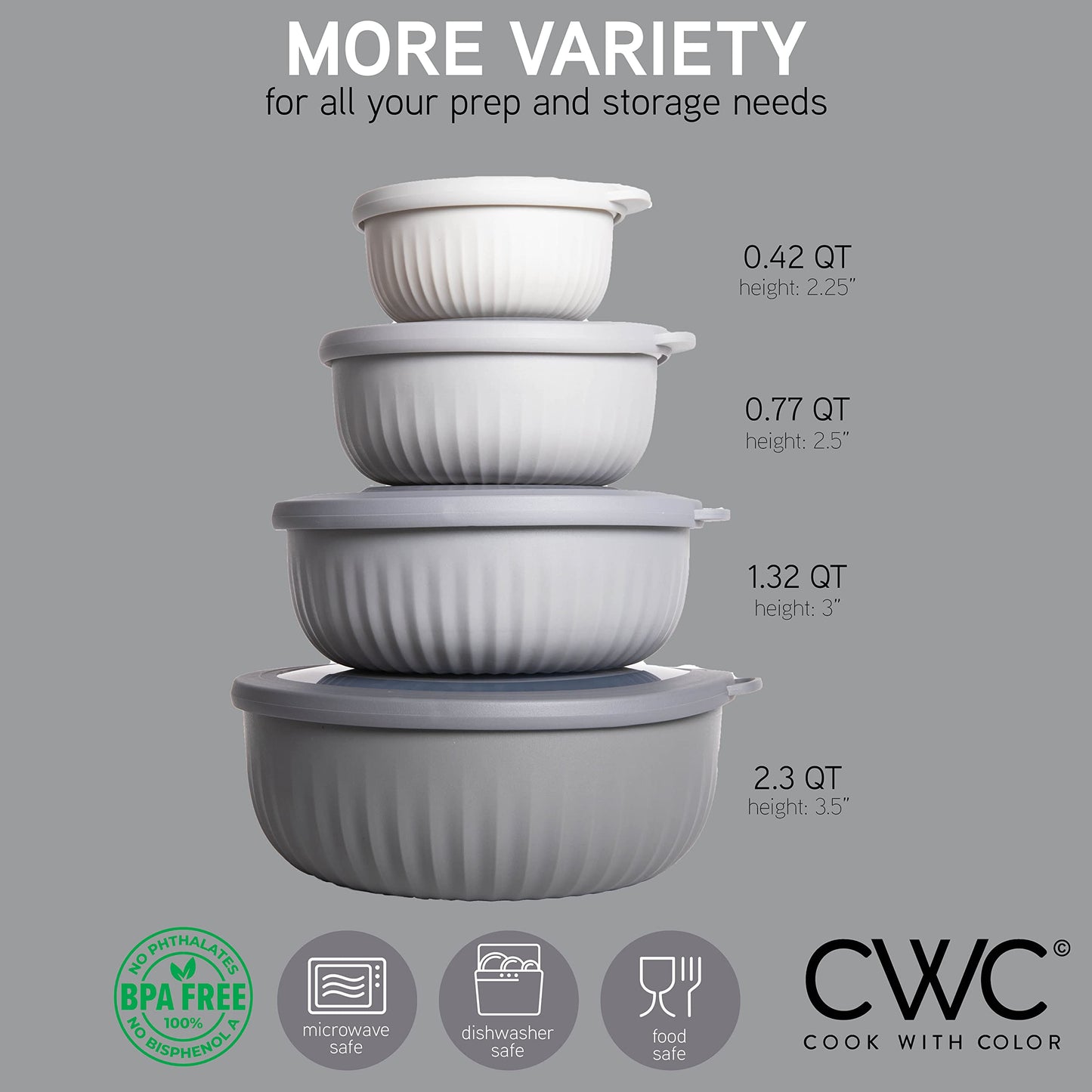 COOK WITH COLOR Prep Bowls with Lids- Wide and Deep Nesting Plastic Small Mixing Bowl Set with Lids, 8 Piece Set - Wide Bowls, Gray