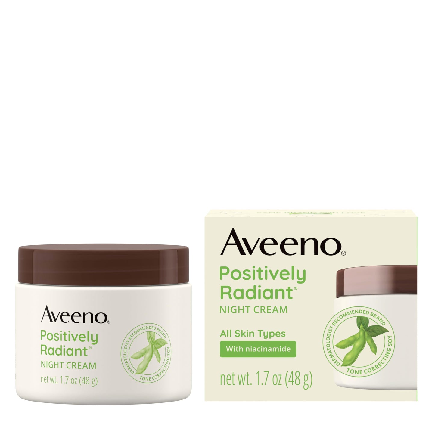 Aveeno Positively Radiant Night Cream, 1.7oz – Face & Neck Moisturizer with Soy & Niacinamide to Brighten, Even Tone & Texture