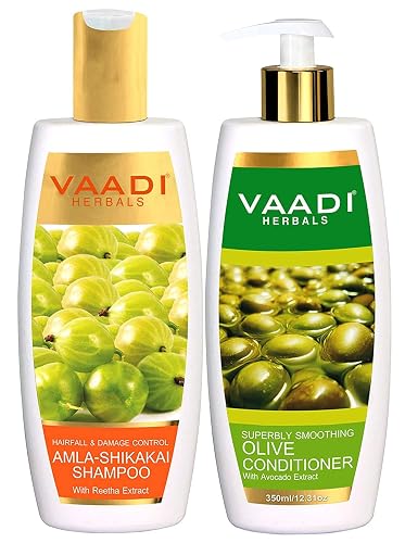 Vaadi Herbals Amla Shikakai Hair Fall and Damage Control Shampoo, 350ml with Olive Conditioner, 350ml