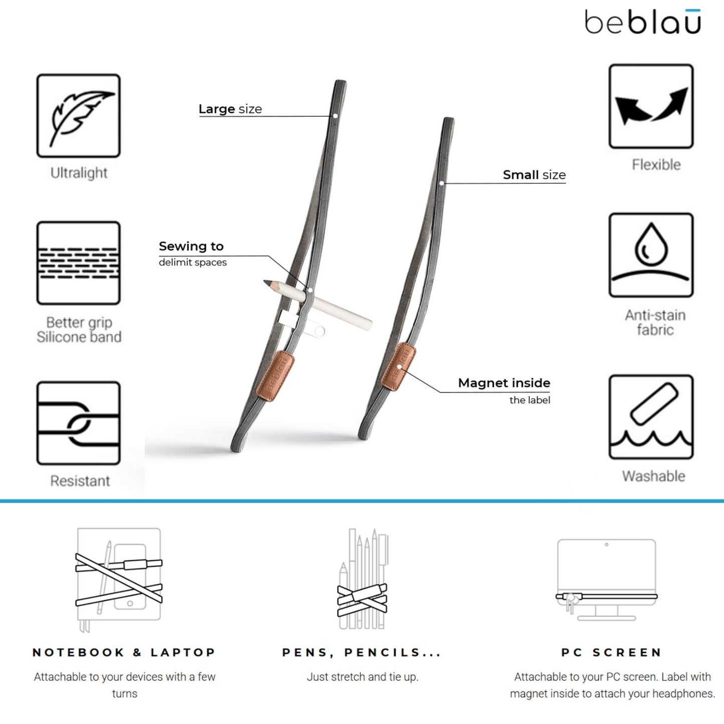 Beblau TWIST PACK (S & L included) ELASTIC PORTABLE ORGANIZER attachable to your laptop, notebook, PC screen.. Anything! Office & Home | Laptop accessory | Backpack | Great GIFT