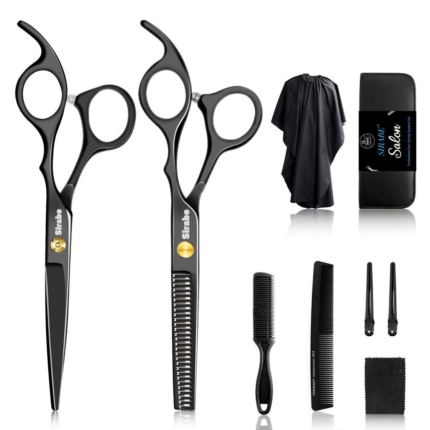 Sirabe 10 PCS Hair Cutting Scissors Set, Professional Haircut Scissors Kit with Cutting Scissors, Thinning Shears, Comb, Cape, Clips, Black Beauty and Personal Care Sirabe