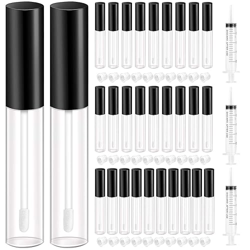 KPX 30 Pcs lip Gloss Tube Containers Bulk Wand 10ml Empty Clear Pink Lip Oil Tubes Refillable Lip Balm Bottles with Rubber Insert for DIY Makeup Such