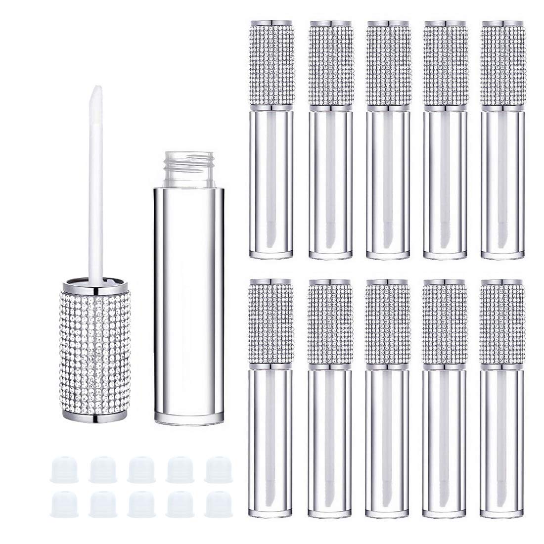 AJLTPA 10 Pack Crystal Rhinestone Lip Gloss Wand Tubes, 5ml Empty Lip Gloss Containers, Lipgloss Lip Balm Bottles with Rubber Stoppers for DIY Lip