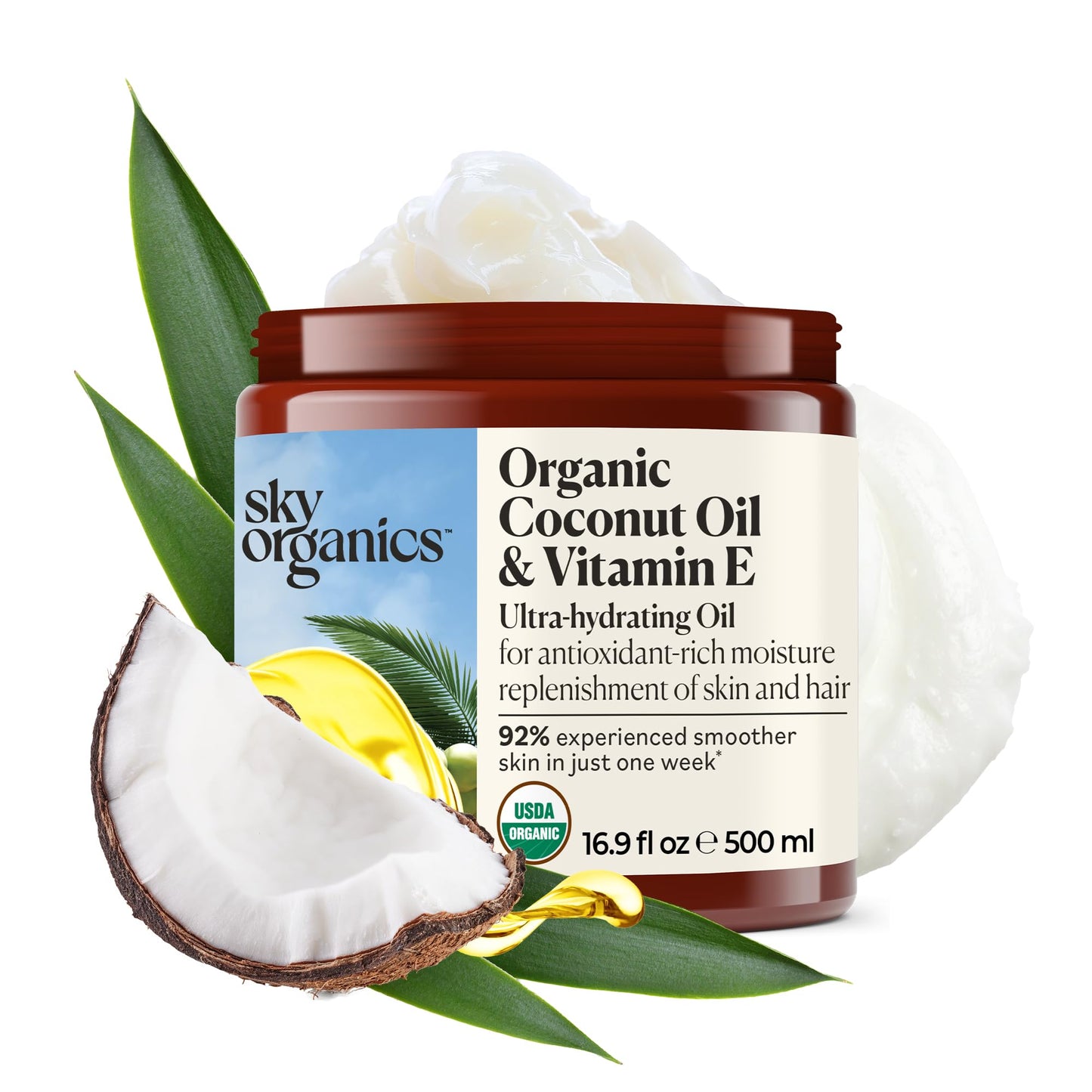 Sky Organics - Organic Coconut Oil & Vitamin E, 16.9 fl oz - Skin & Hair Ultra-Hydrating Oil - Fatty Acids & Antioxidants