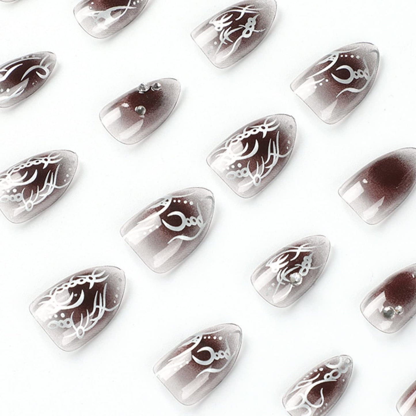 IMSOHOT Almond Press on Nails Medium Glossy Fake Nails Diamond Glue on Nails Black Ombre False Nails with Designs