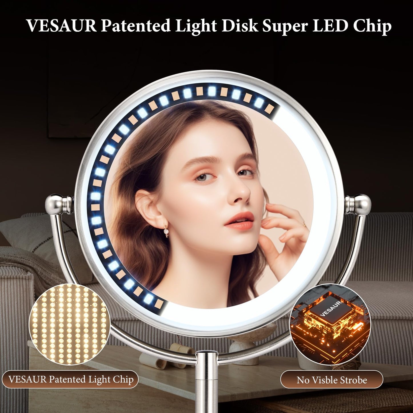 Professional 8.5" Large Lighted Makeup Mirror with Brighter Lights, 1X/10X True HD Magnifying Mirror with 3 Color Dimmable Lights, 90 Shadowless LEDs Beauty and Personal Care VESAUR