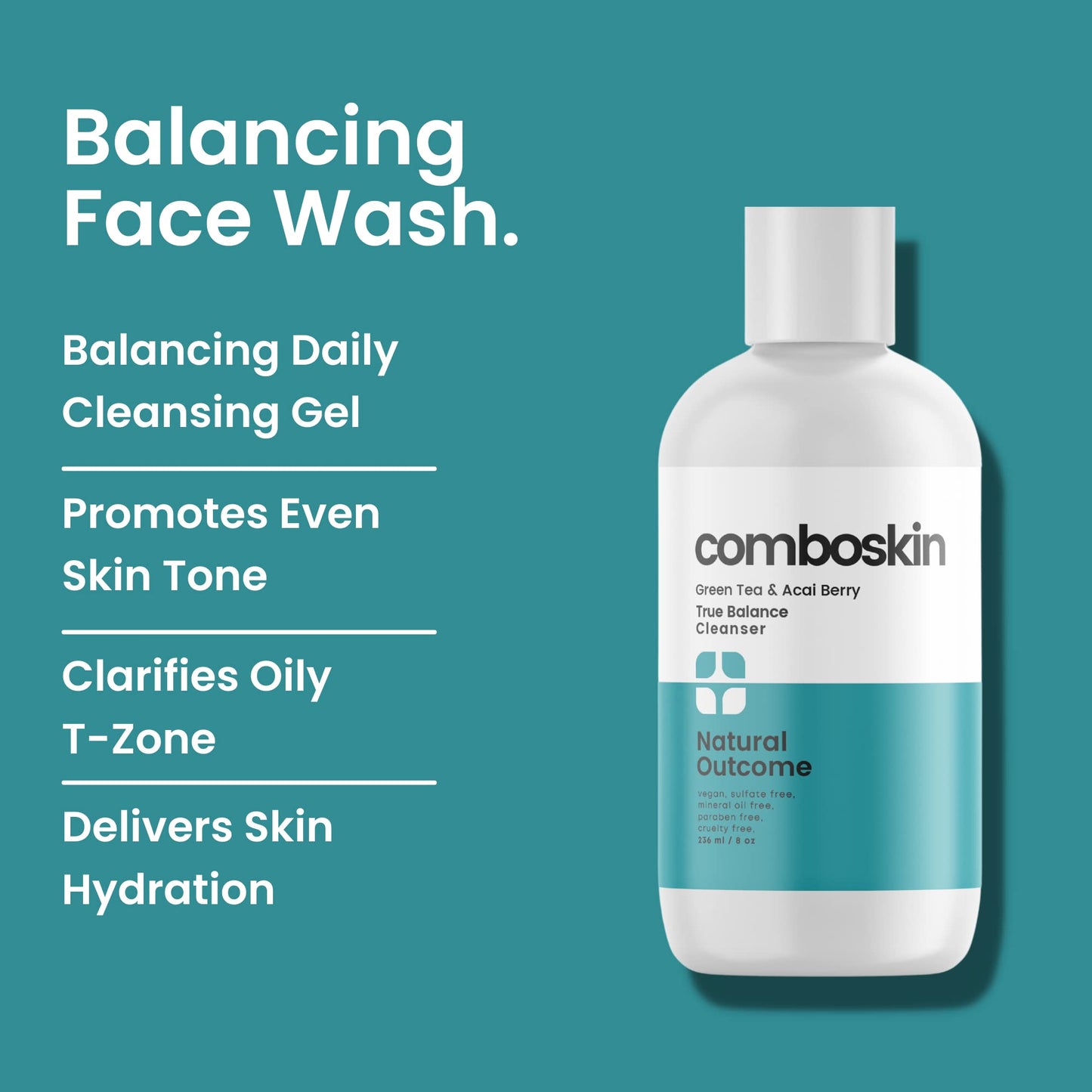 natural outcome Combination Skin True Balance Facial Cleanser Green Tea & Acai Berry | Face Wash and Cleansing Gel for Men & Women | Cruelty Free | 8
