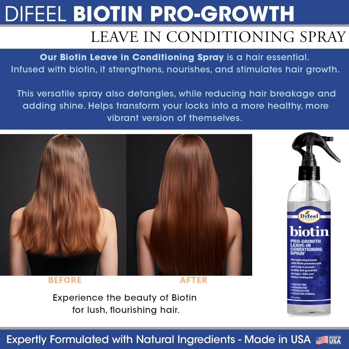 Difeel Pro-Growth Biotin Shampoo 4-PC Set- Includes Biotin Shampoo 33.8 oz, Leave-in Conditioning Spray 6oz, Hair Mask 12 oz AND Biotin Hair Oil