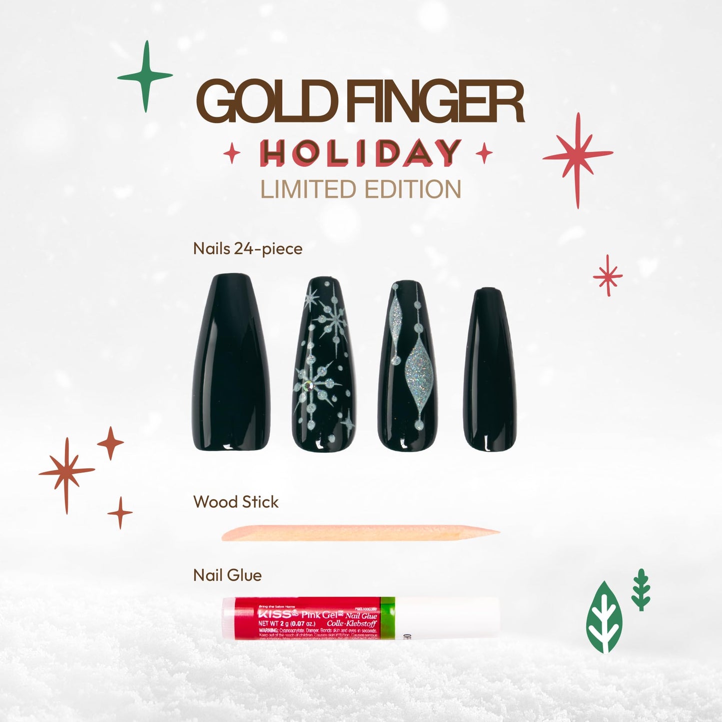 Goldfinger 24 Pcs Holiday Press On Nails - Christmas French Tip Square Coffin Oval Fake Nails, Long-Lasting Glossy Glitter Winter Seasonal Snow Flake Beauty & Personal Care Goldfinger