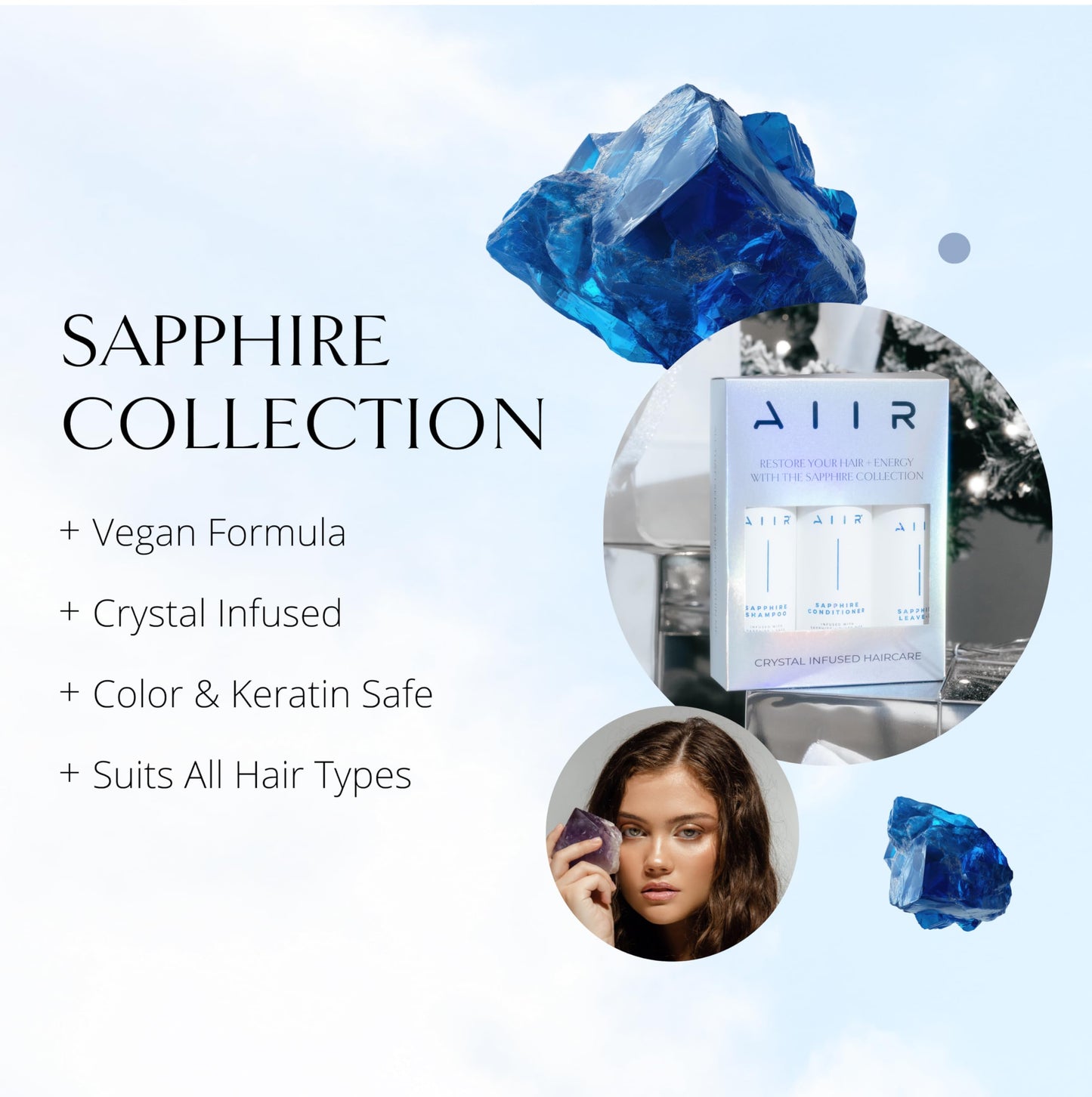 AIIR Sapphire Bundle - Sapphire Infused Shampoo, Conditioner & Leave-In Conditioner Set - Strengthen Damaged Hair, Frizz Control, Heat Protectant