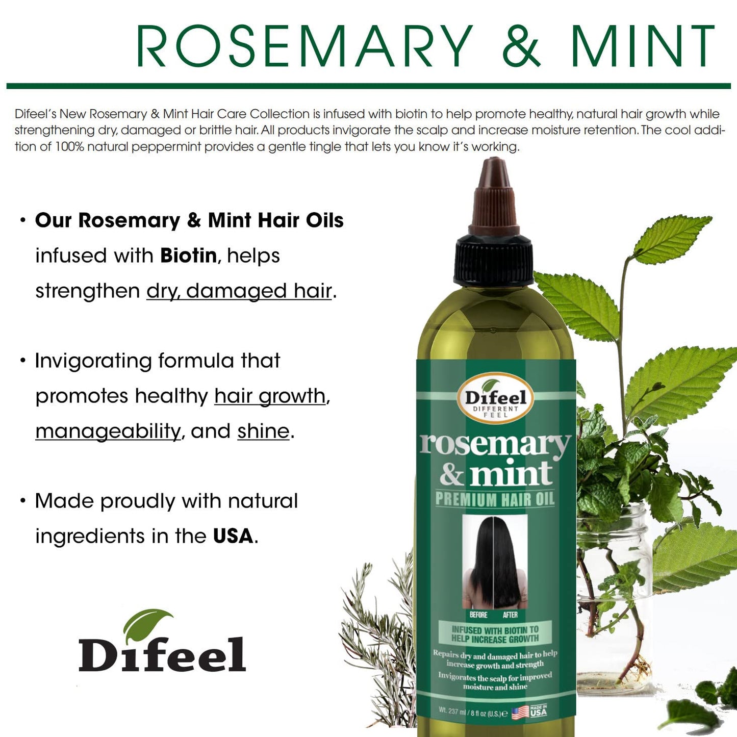 Difeel Rosemary and Mint Premium Hair Oil with Biotin 8 oz. - Natural Oil for Hair Growth