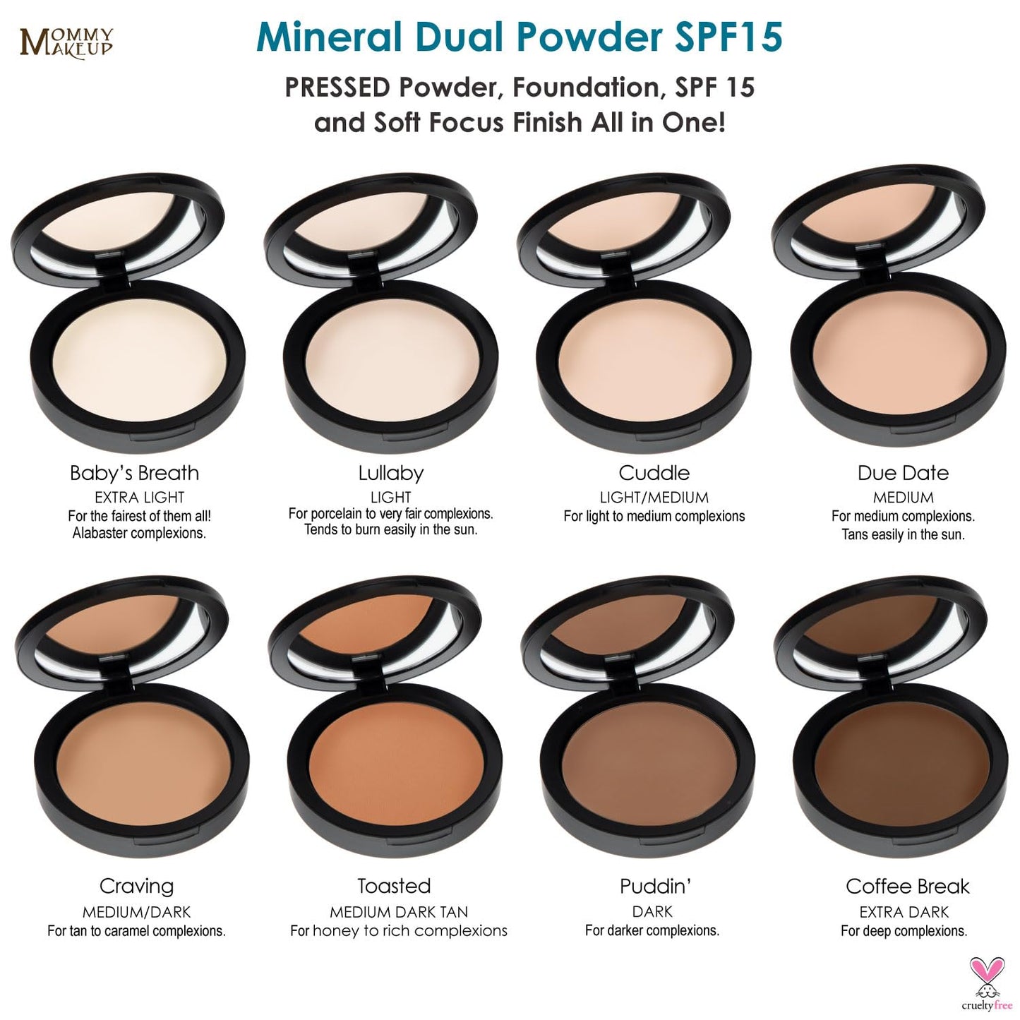 Mineral Dual Powder - 4-in-1 Pressed Mineral Foundation with SPF 15 for Flawless Glow - Oil-Free, Talc-Free, Gluten-Free, 0.45 oz (Puddin' - Dark)