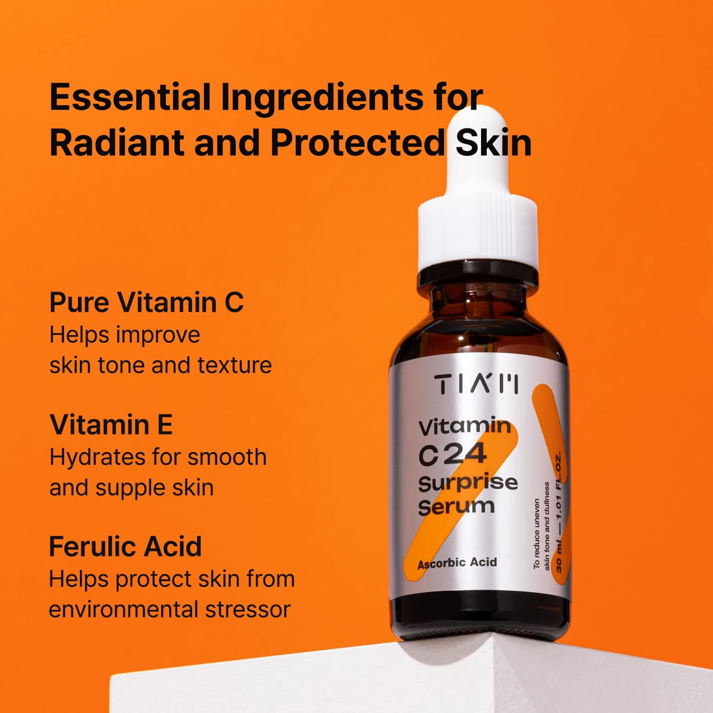 TIA'M Vitamin C24 Surprise Serum, 1.01 fl oz, Glow-Boosting & Anti-Aging with Vitamin E and Ferulic Acid for Dull Skin and Fine Lines, Korean Skin