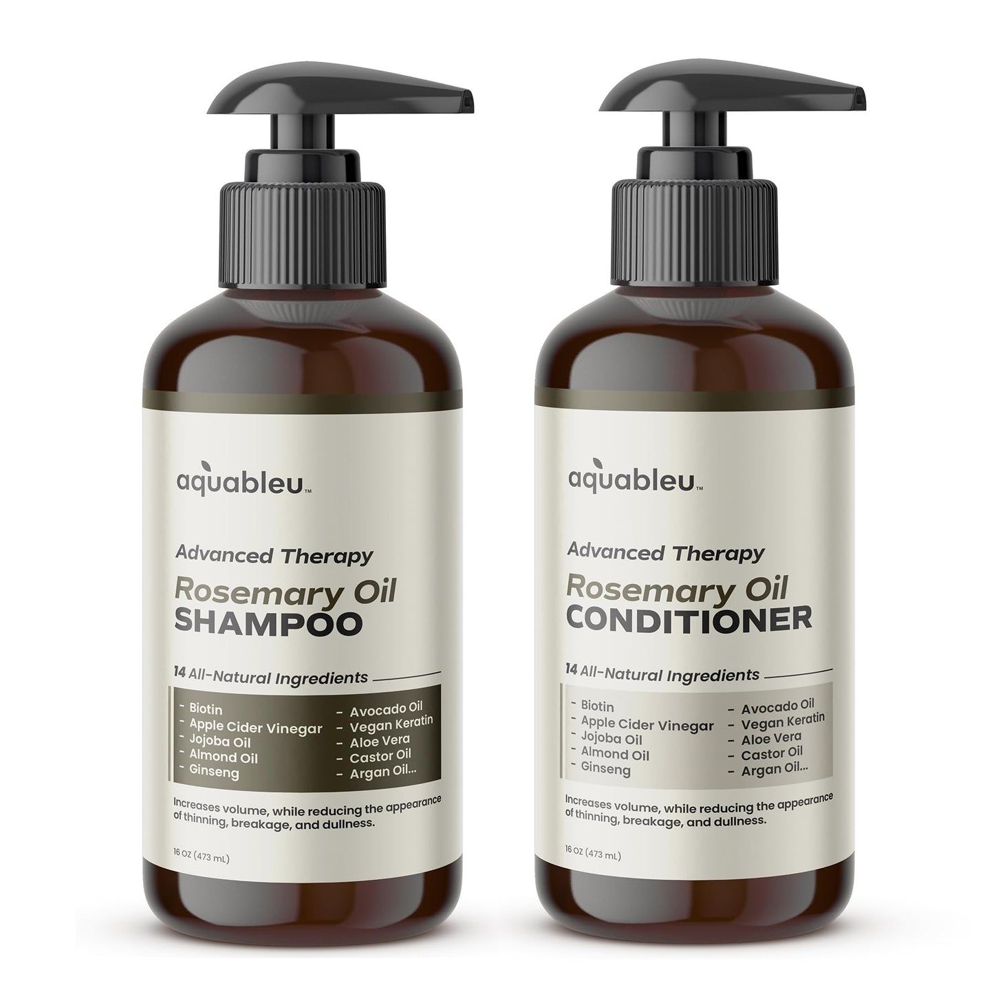 Aquableu Advanced Therapy Anti-Thinning Rosemary Oil Shampoo & Conditioner Set - Infused with 14 All-Natural Ingredients for Volume, Strength