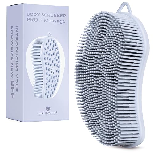 MainBasics Silicone Body Scrubber Dual-Sided Shower Loofah and Massaging Nodes (Frosted Sky, Massage)