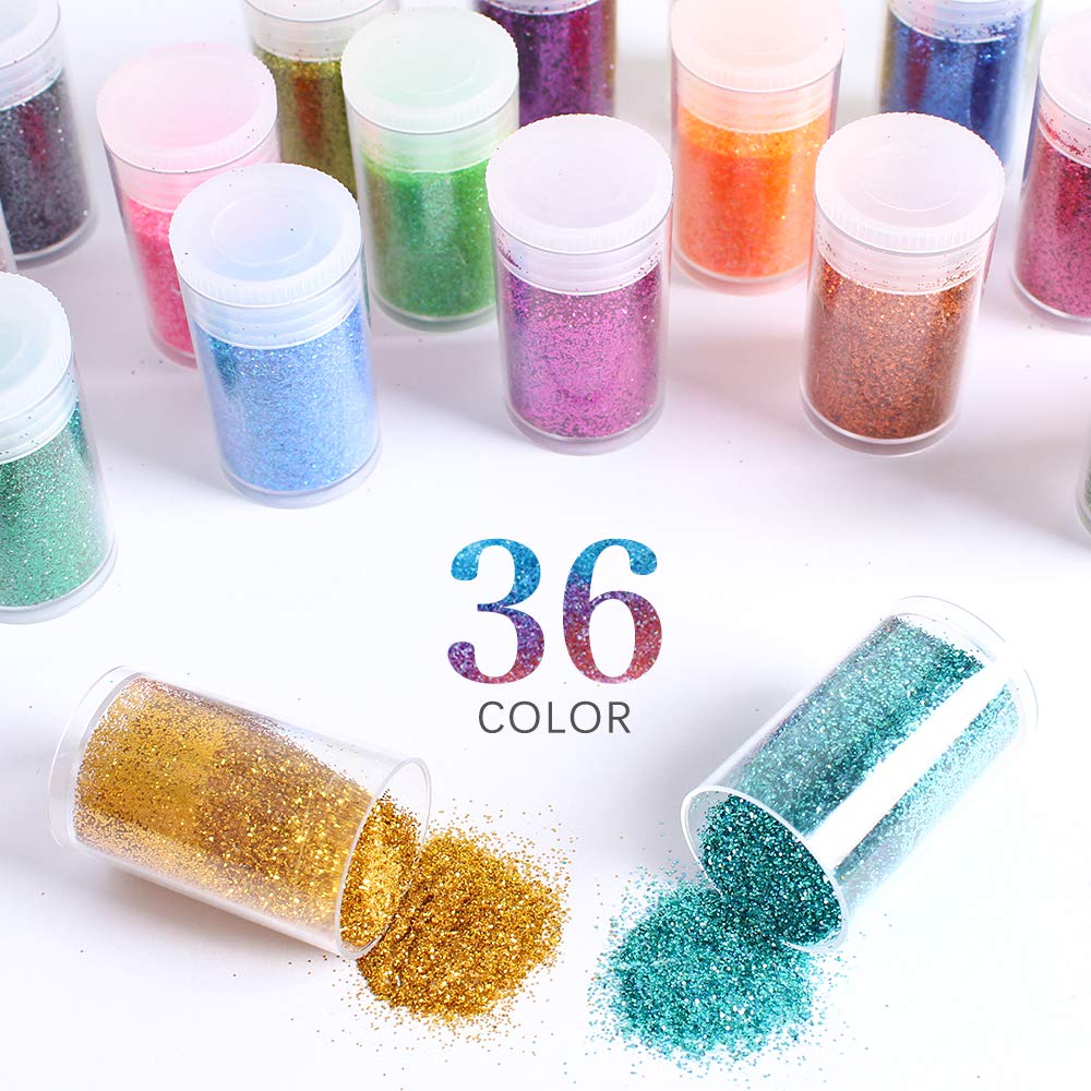 Extra Fine Glitter, Set of 36 Colors Nail Arts Cosmetic, Resin Crafts Loose Glitter Powder Shaker for Face Body Hair Eye Lip Gloss Makeup, Slime