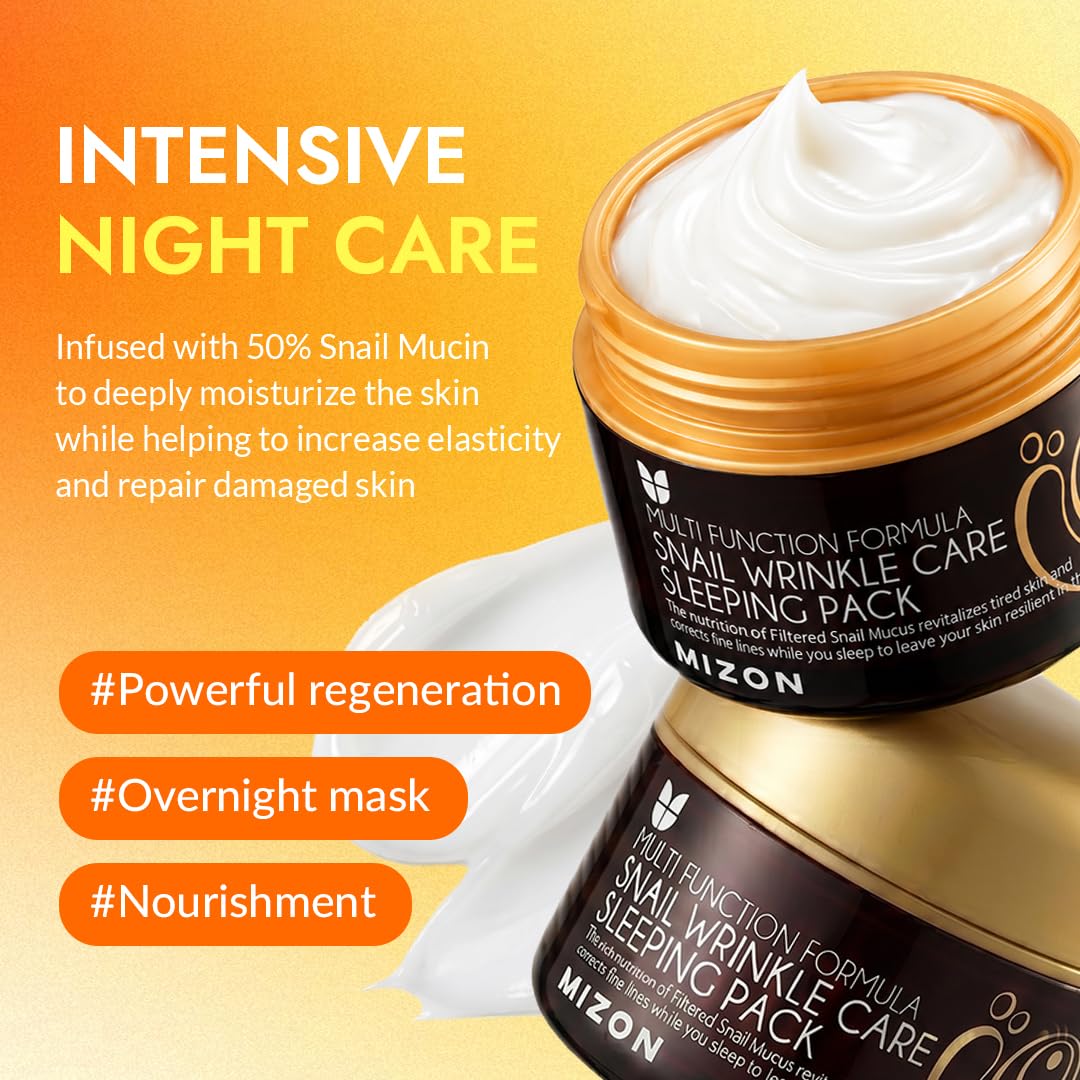 MIZON Snail Wrinkle Care Sleeping Pack with Snail Mucin, Adenosine, Shea Butter Overnight Firming Nourishing Mask for Damaged Skin and Fine Lines (2.7