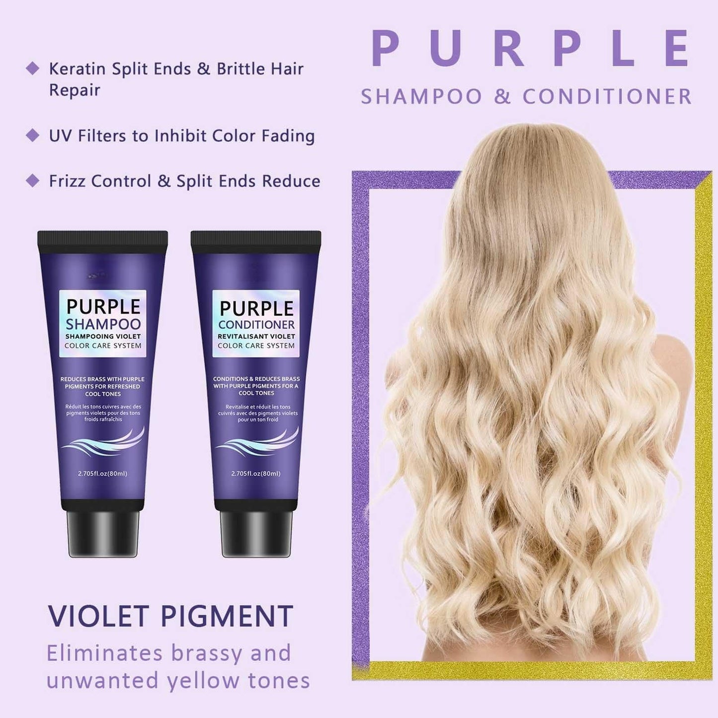 Purple Shampoo and Conditioner Set, Anti-Brass Toning, Enhance Blonde Tones, Deep Moisturizer,Frizz Control-Repair and Hydration,for Blonde,Silver, or