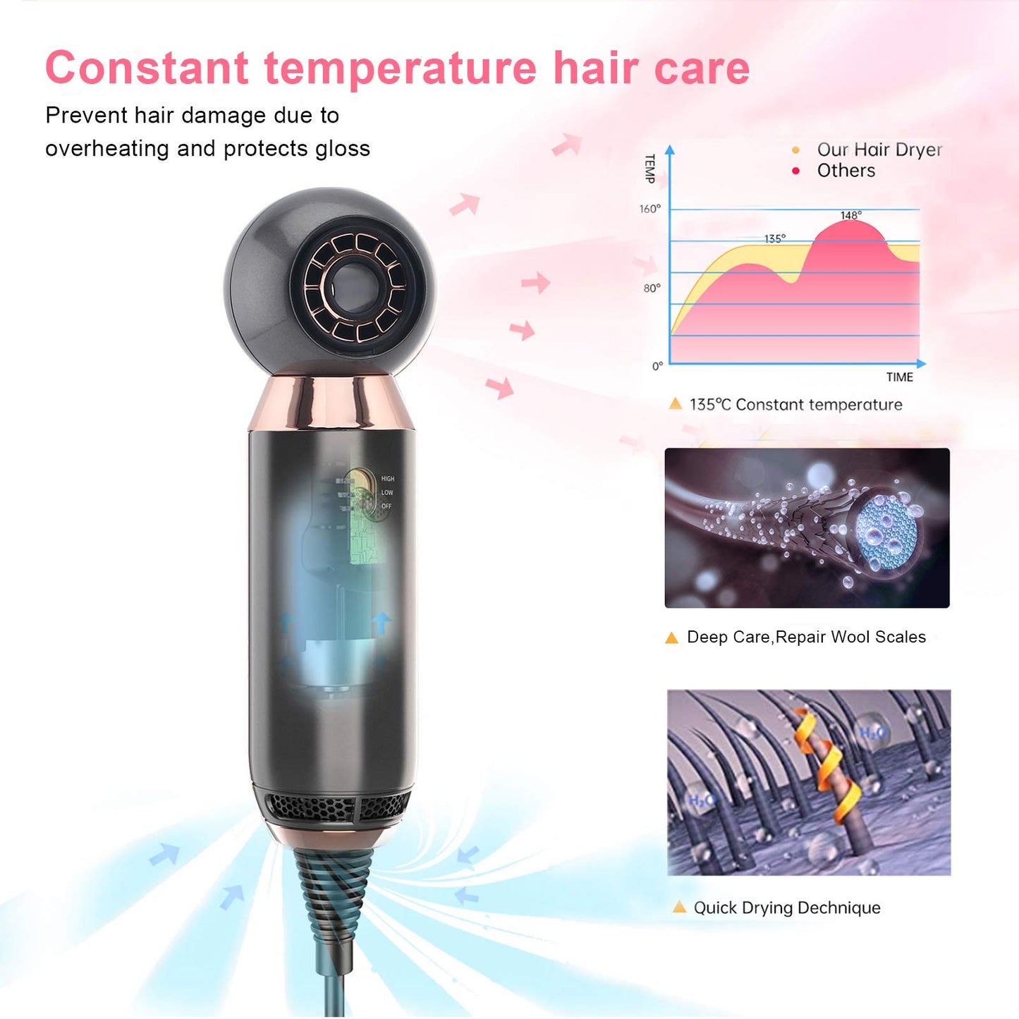 Professional Hair Dryer 800W Lightweight & Compact Blow Dryer Powerful Flow Hair Dryers for Travel and Home Concentrator Nozzle Gray