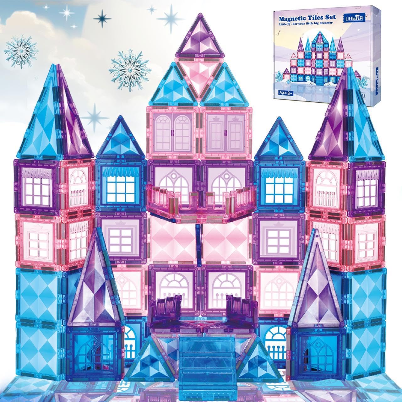 Little Pi 102pcs Frozen Princess Castle Magnetic Tiles – 3D STEM Building Blocks for Kids Ages 3-8, Pretend Play & Birthday Gifts