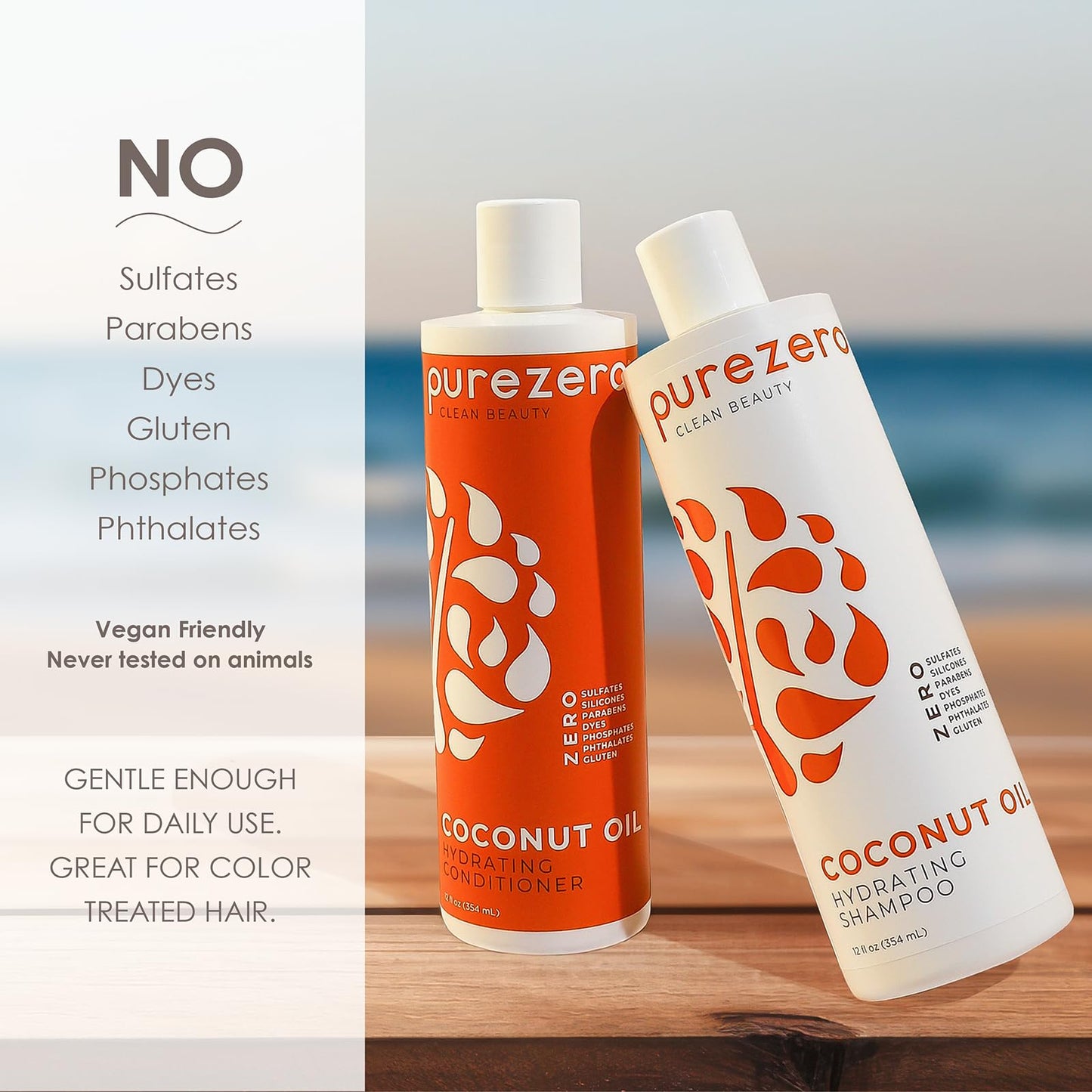 PureZero Coconut Oil Hydrating Silicone Free Shampoo & Conditioner Set - Vegan Formula for Dry or Color-Treated Hair - Deep Moisture, Sulfate-Free