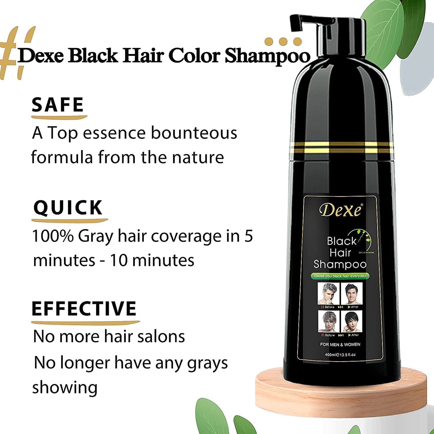 Signature Dexe Black Hair Shampoo 400 ML Instant Hair Blackening Dye for Men Women Black Color - Simple to Use - Lasts 30 Days - Fast Acting Natural