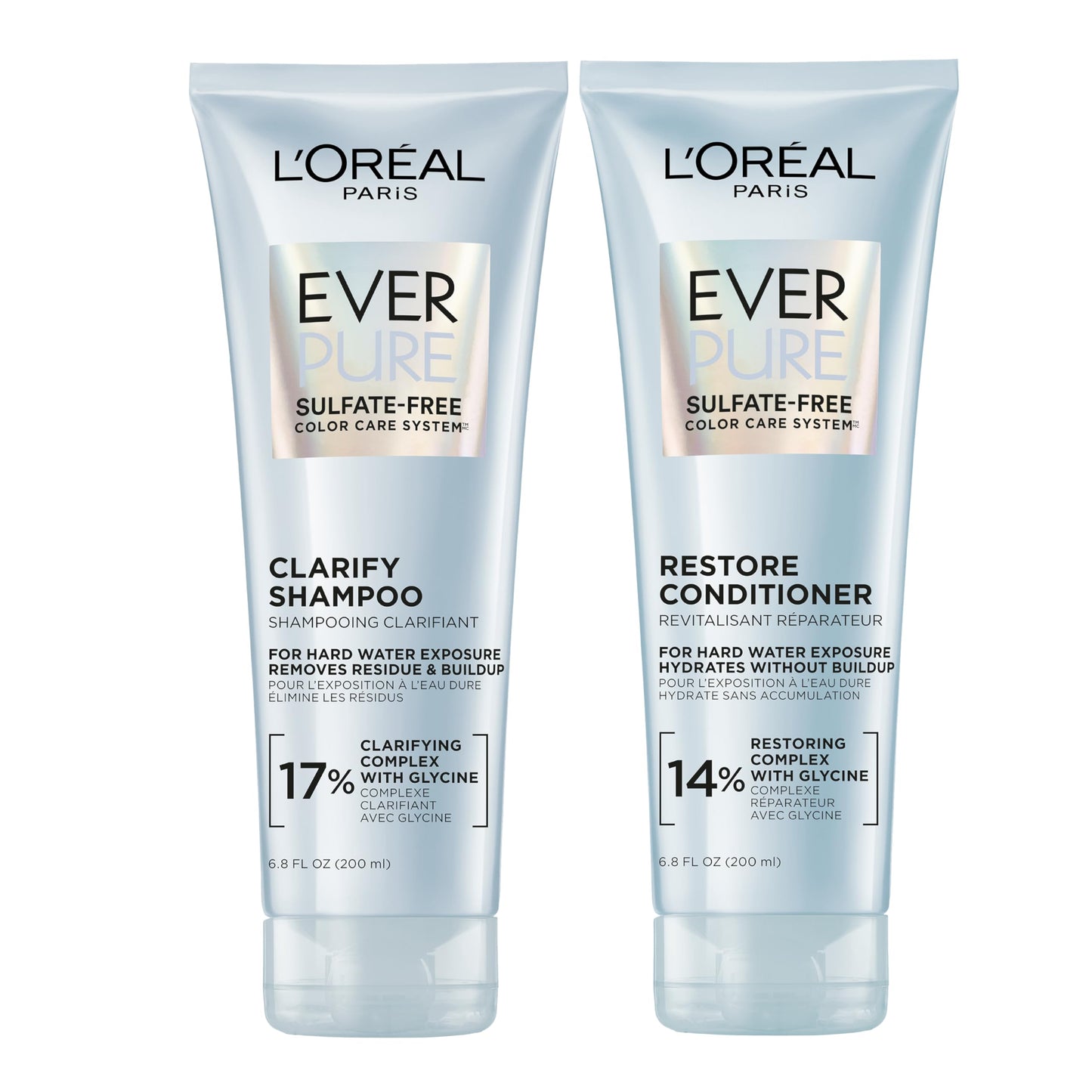 L'Oreal Paris Clarify and Restore Sulfate Free Shampoo and Conditioner Set with Antioxidants for Hard Water Exposure and Styling Build-up, EverPure, 1