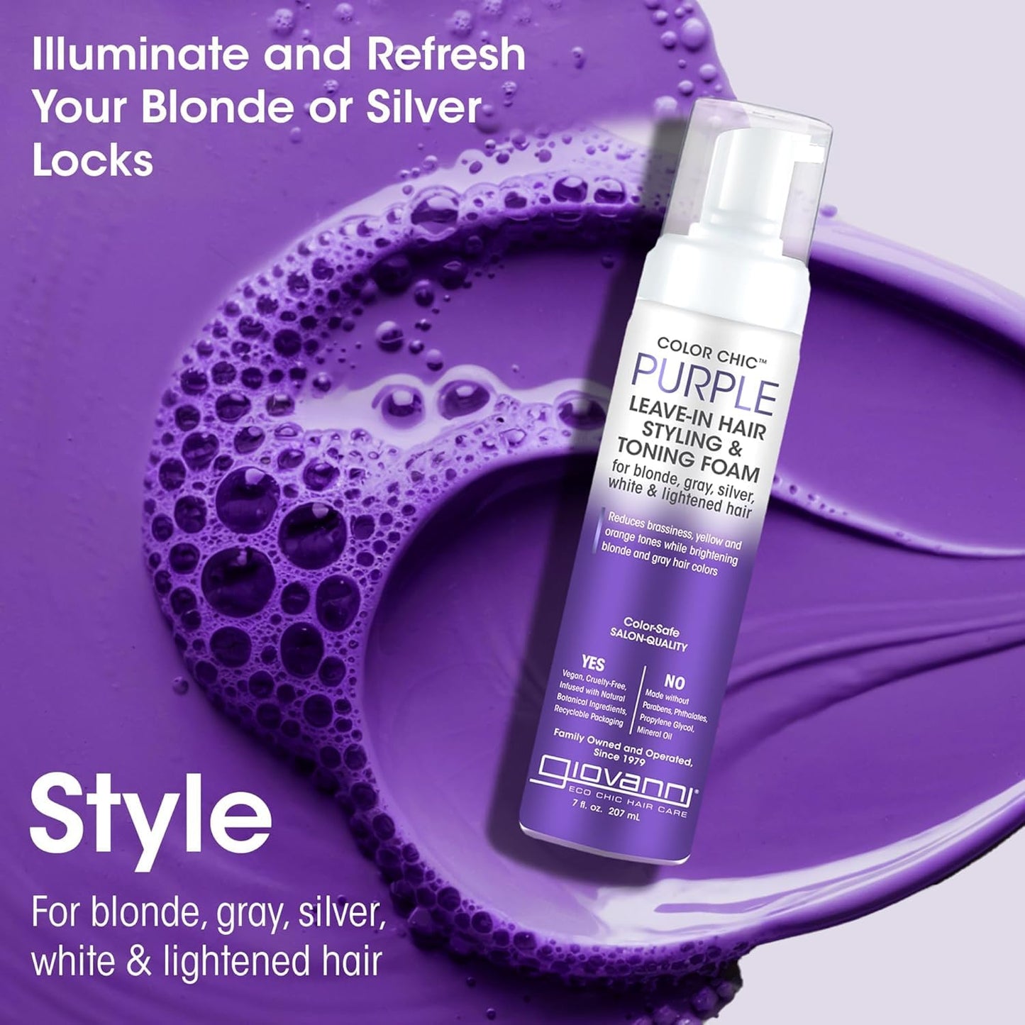 GIOVANNI Color Chic Purple Leave-In Hair Styling & Toning Foam - Purple Foam for Blonde, Gray, Brassy, Fine Hair, Gives Volume & Shine for Women & Men