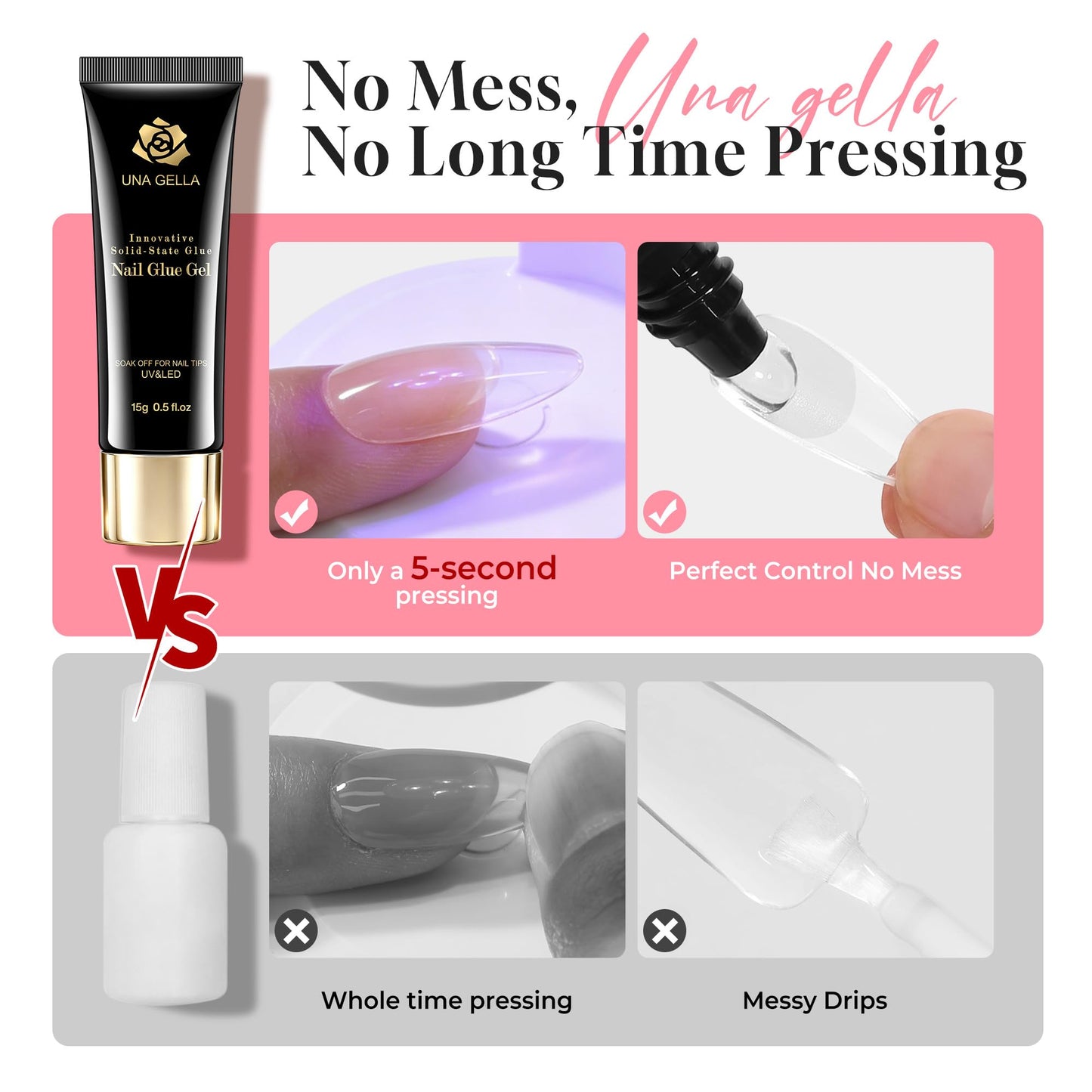 UNA GELLA Solid Nail Glue Gel 15ml Lamp Curing Needed Solid Soak Off U V/LED Lamp Required Super Strong Glue for Fake Acrylic Soft Gel Nail Tips Press Beauty and Personal Care UNA GELLA